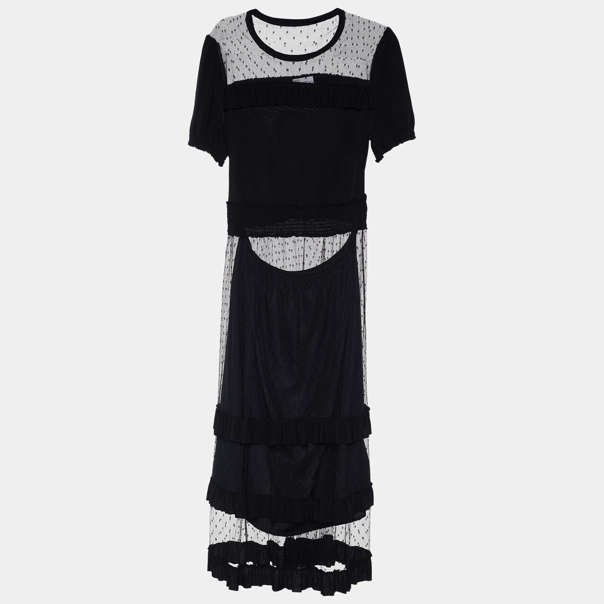 Pre Owned RED Valentino Black Knit & Tulle Ruffled Midi Dress XL