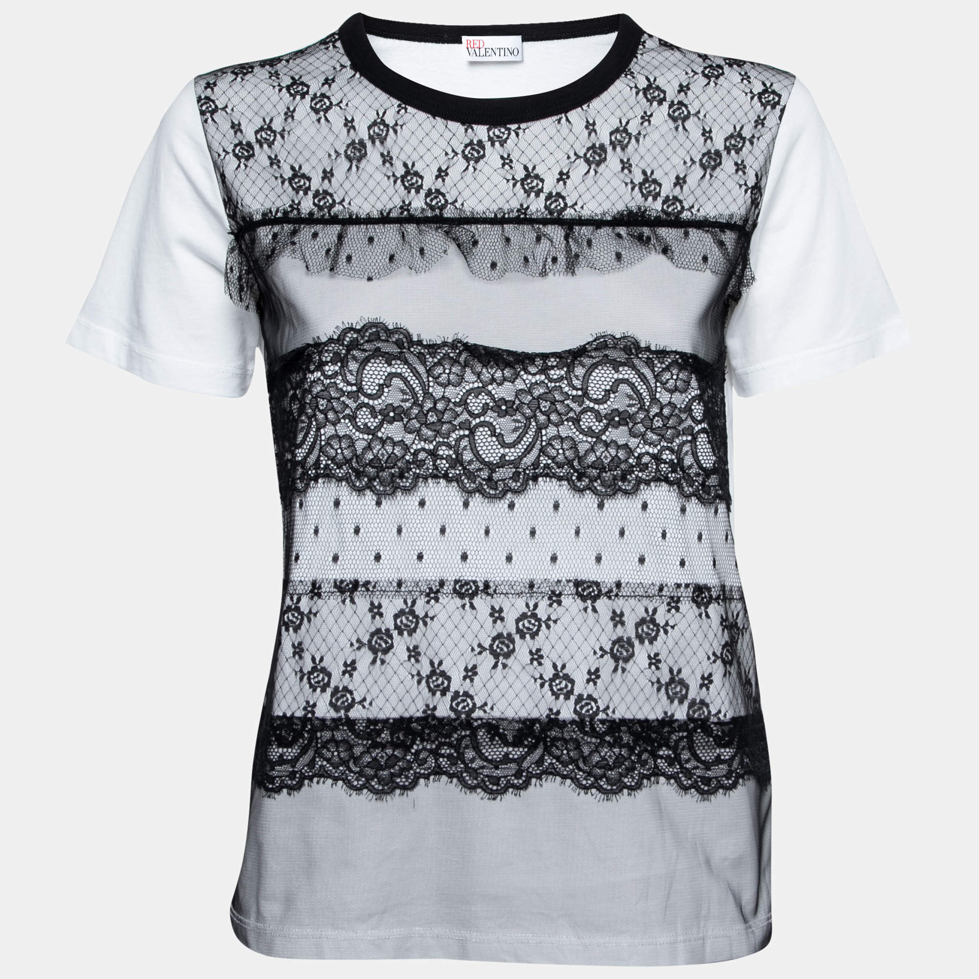 RED Valentino White Cotton Contrast Lace Crew Neck T-Shirt XS