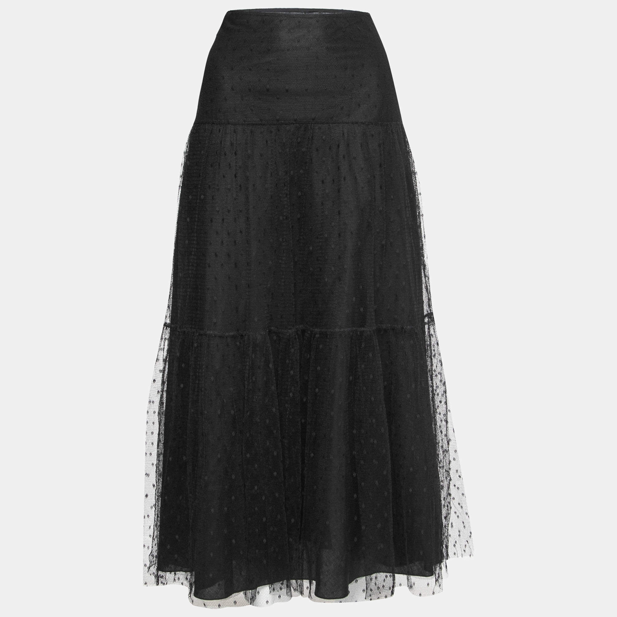 Pre Owned RED Valentino Black Polka Dot Tulle Flounce Skirt M