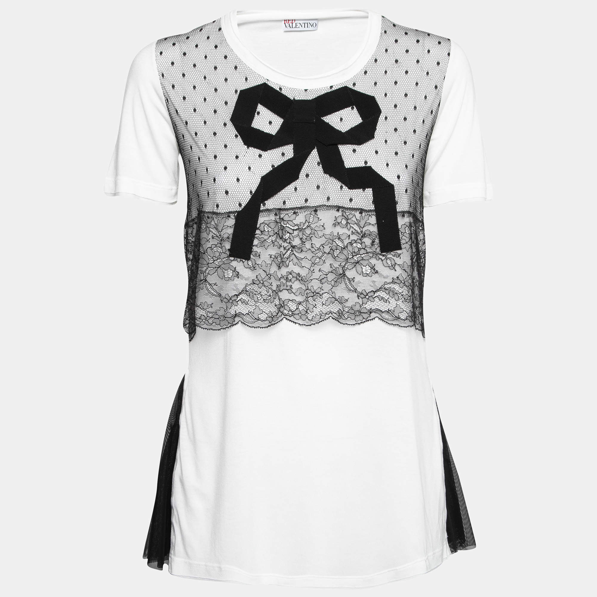 RED Valentino White Jersey & Lace Overlay Bow Detail Short Sleeve T-Shirt M