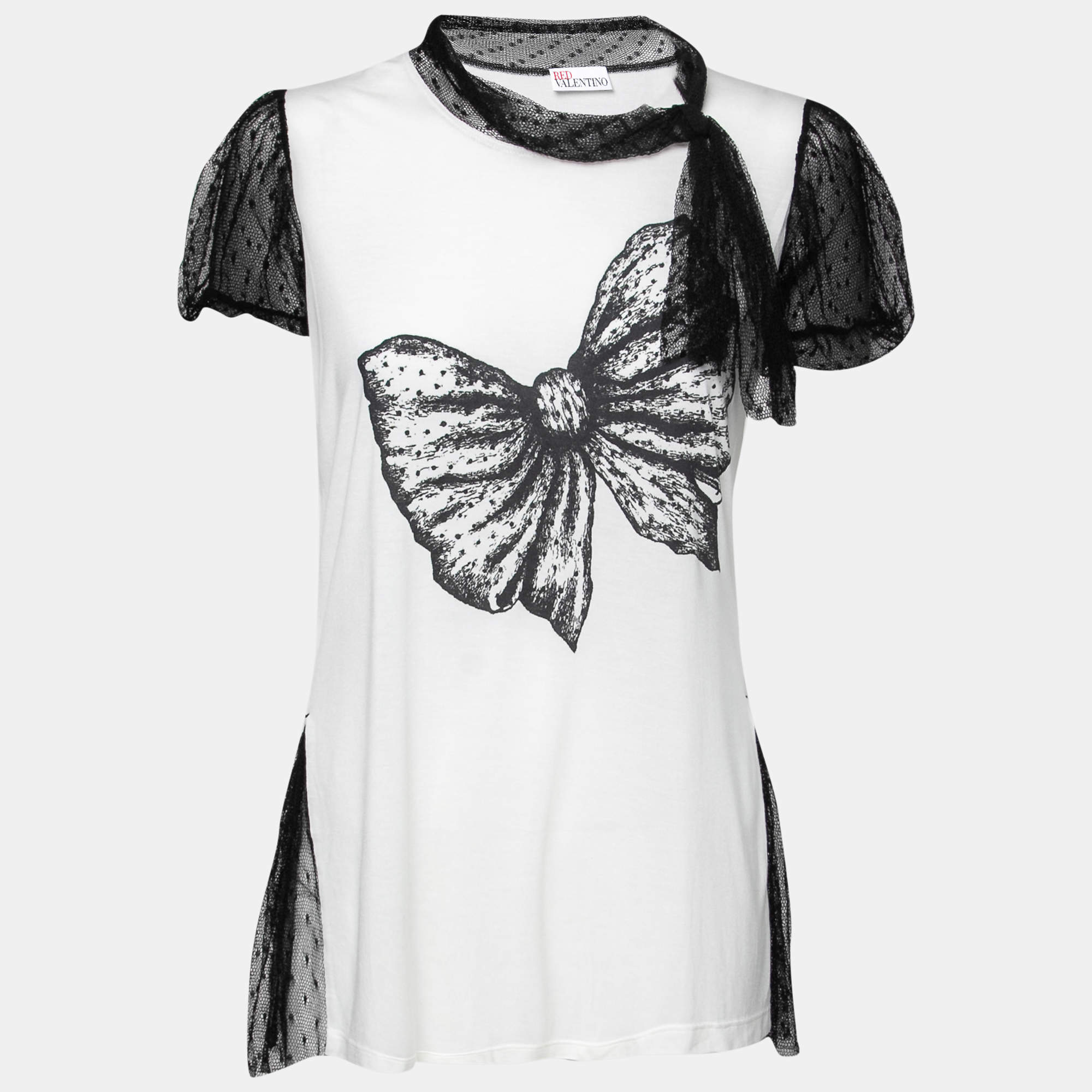Pre Owned RED Valentino White Bow Print Jersey Tulle Detail Top M
