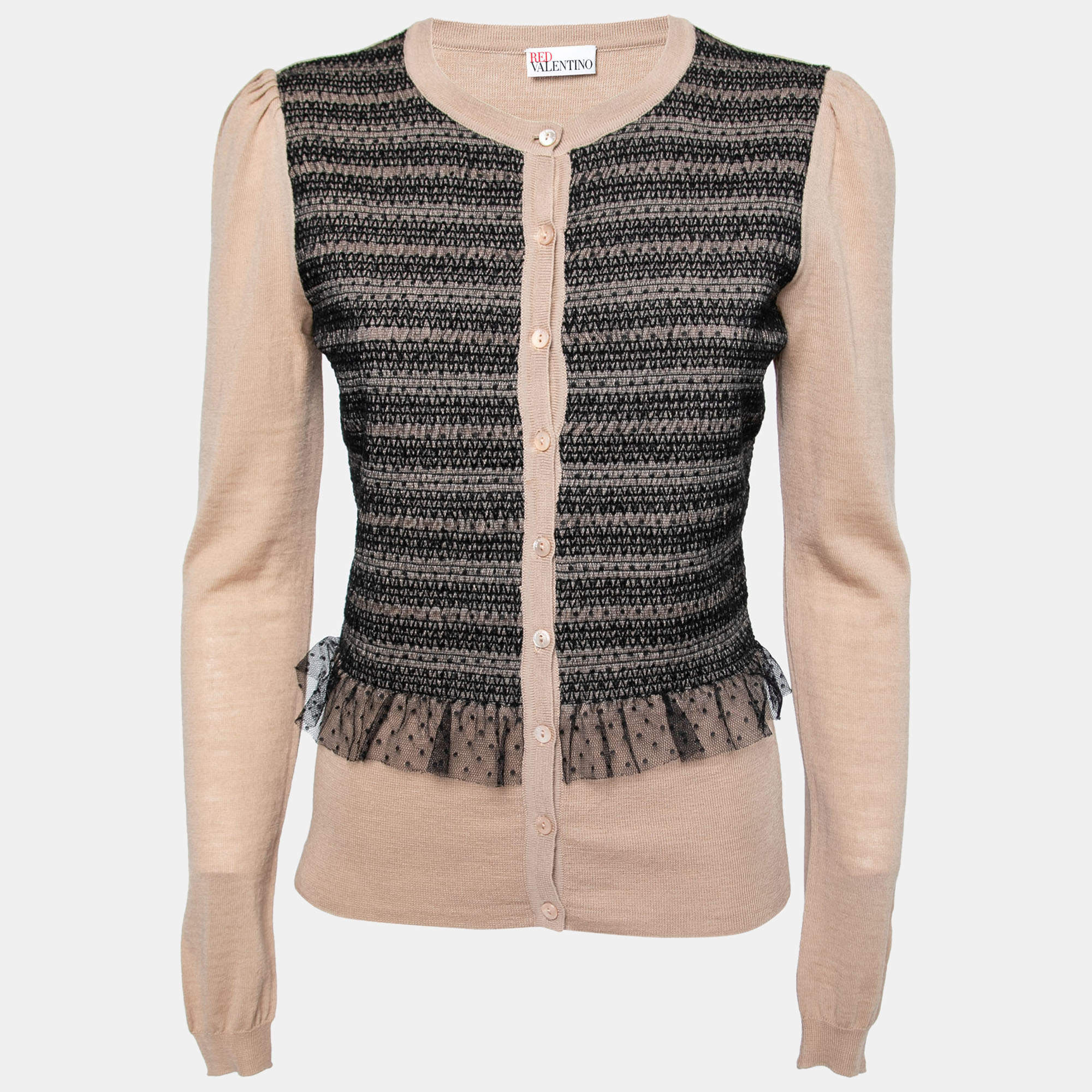 RED Valentino Beige Tulle-Overlay Wool Cardigan XL