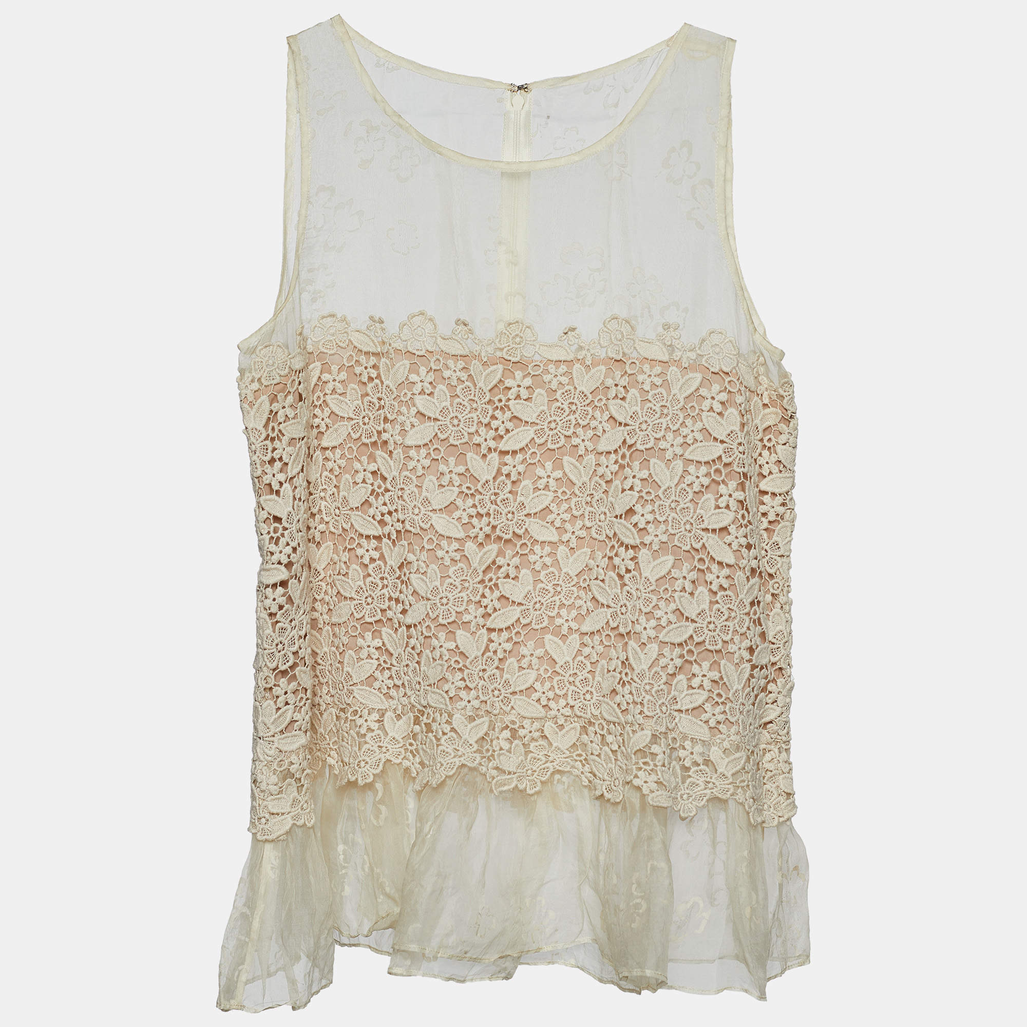 Pre Owned RED Valentino Cream Silk & Lace Sleeveless Top M