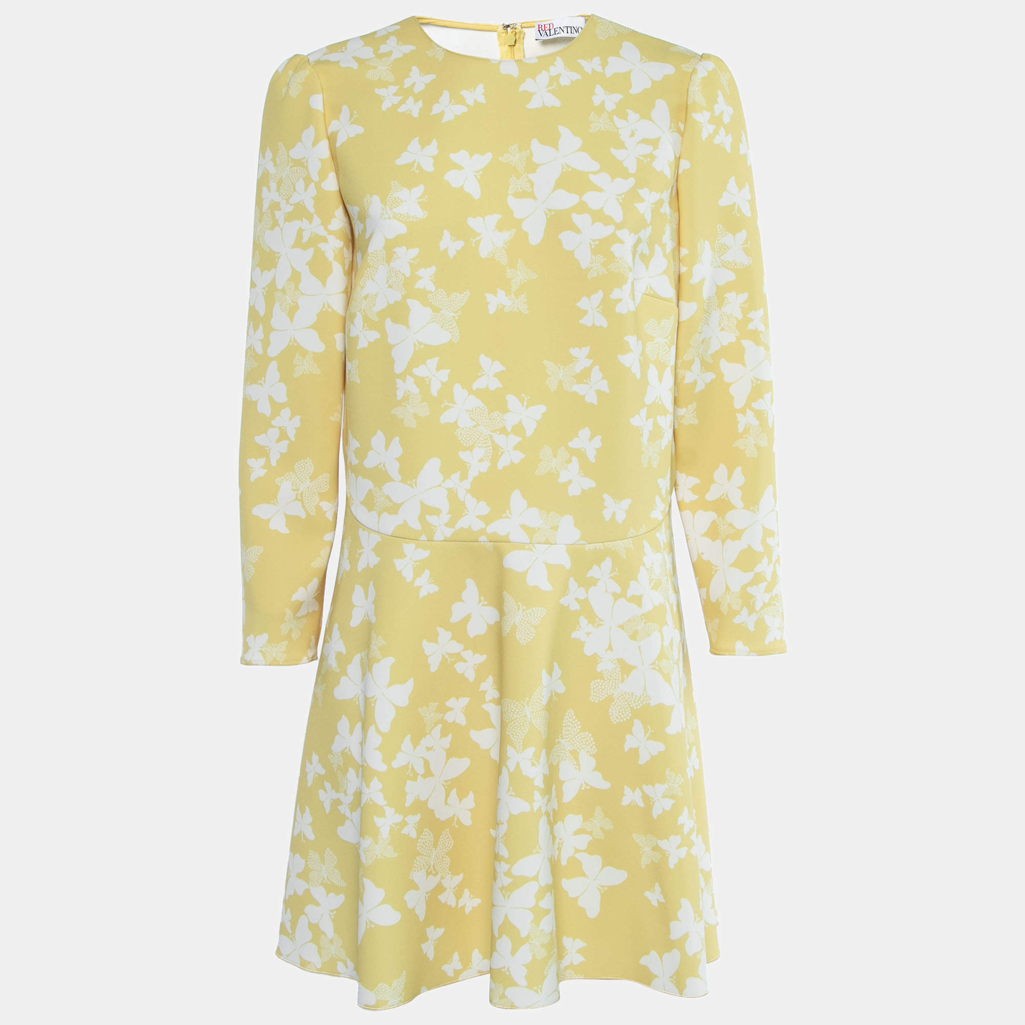 Pre Owned RED Valentino Yellow Butterfly Print Crepe Cady Knee-Length Dress L