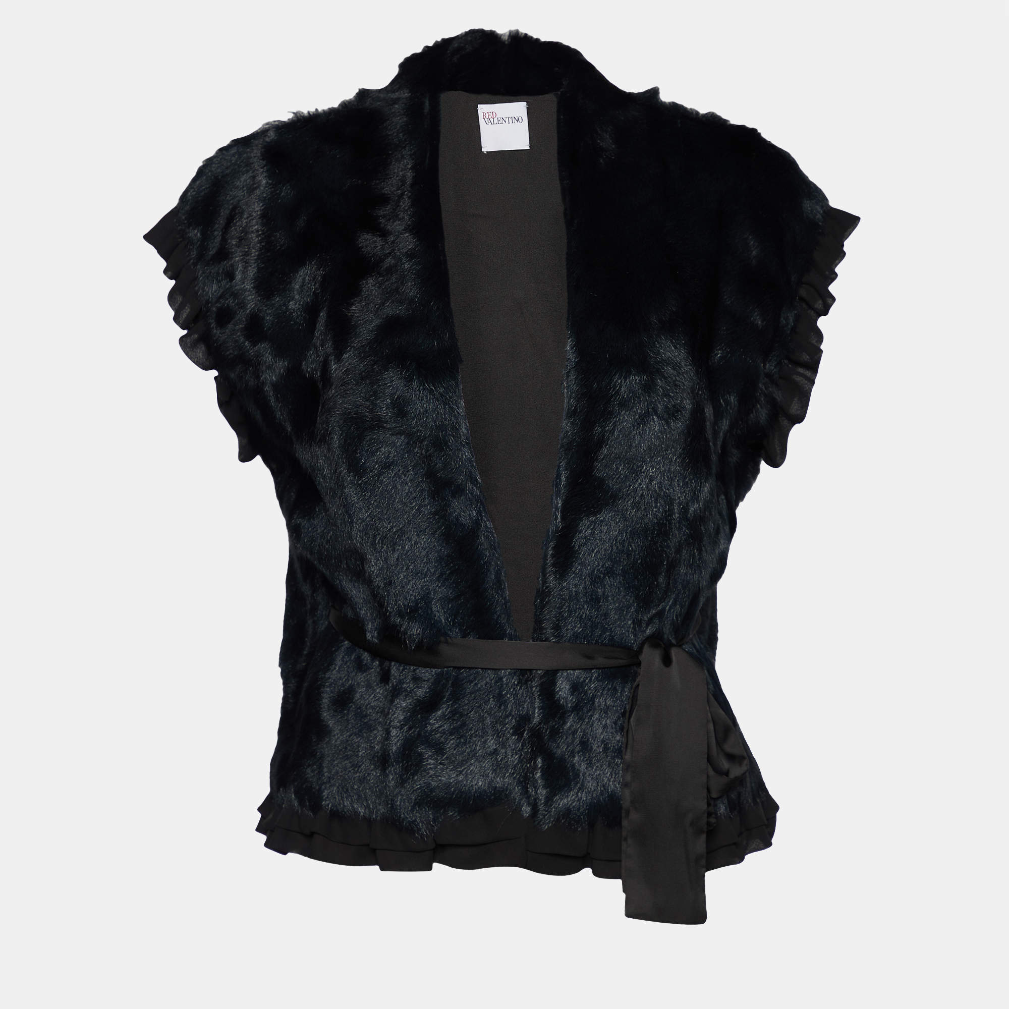 Pre Owned RED Valentino Teal Blue Fur Belted Oversized Jacket M