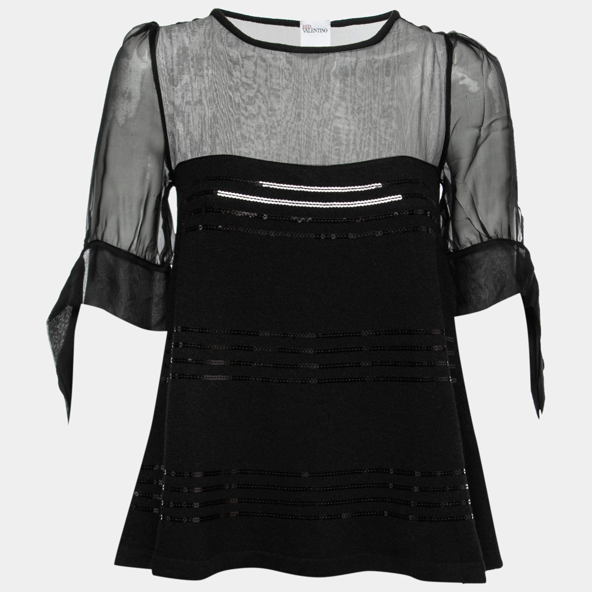 Pre Owned Red Valentino Black Knit & Silk Sequin Embellished Top  M