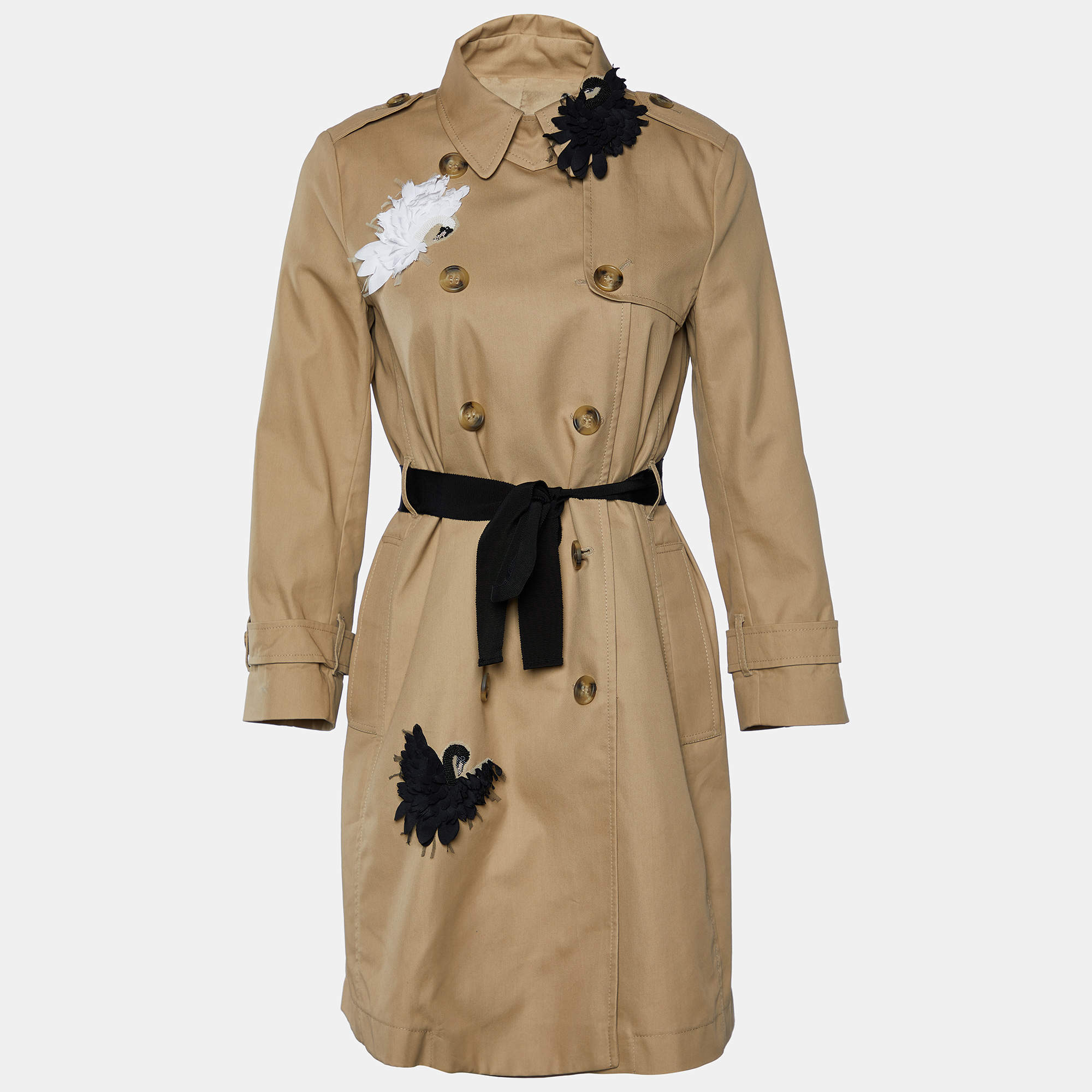 RED Valentino Beige Gabardine Swan Patch Belted Trench  Coat XS