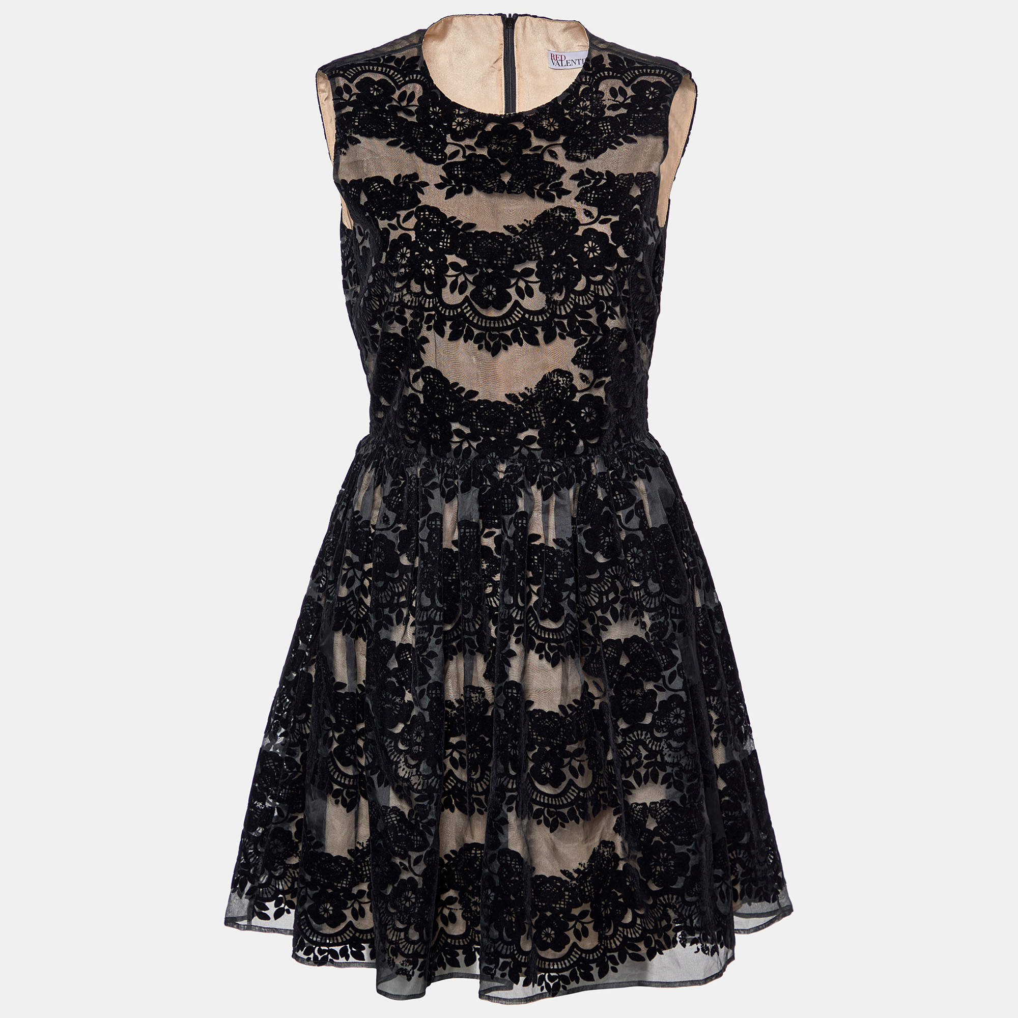 Pre Owned RED Valentino Black Flocked Silk Sleeveless Mini Dress S