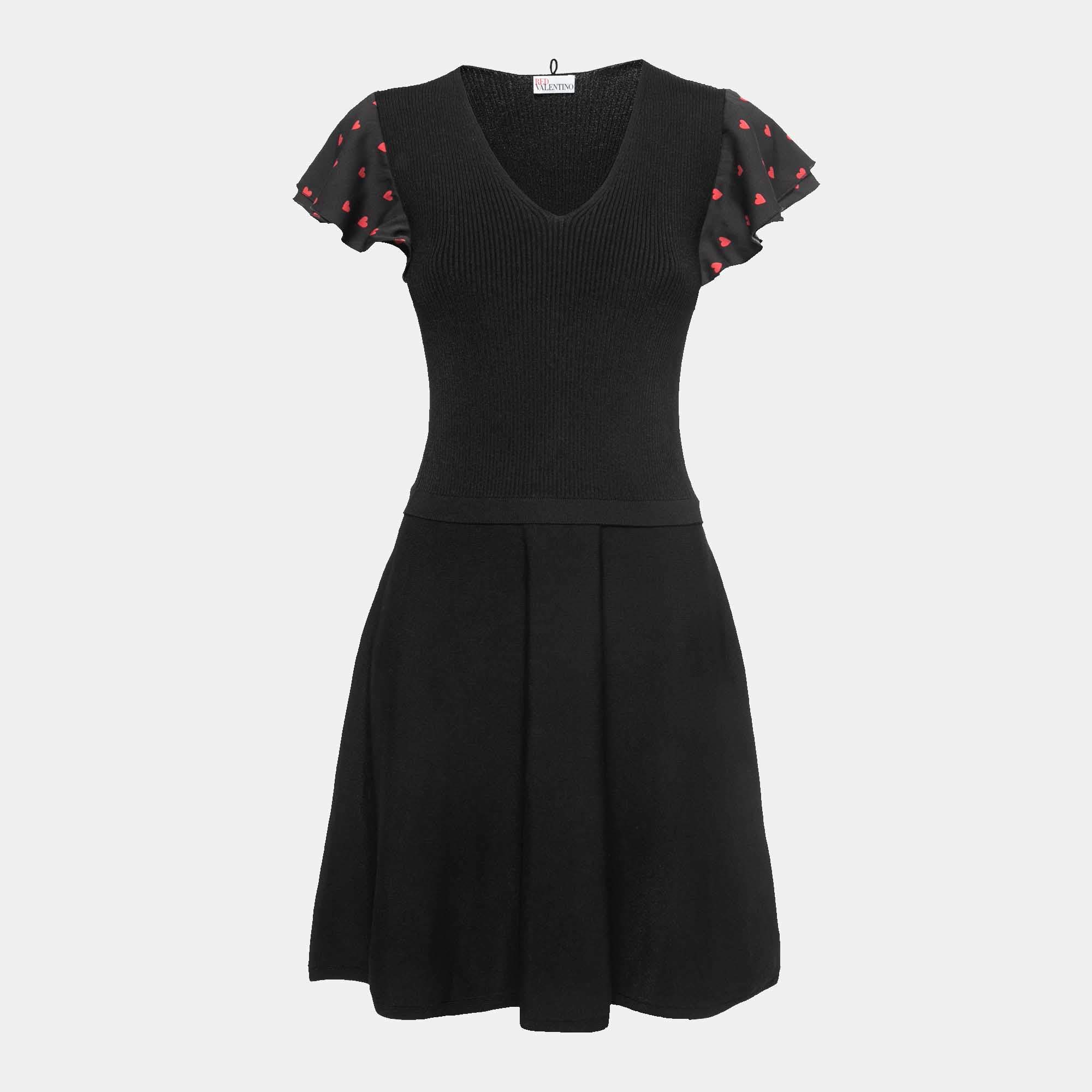 Pre Owned RED Valentino Black Knit Ruffled Sleeves Midi Dress L
