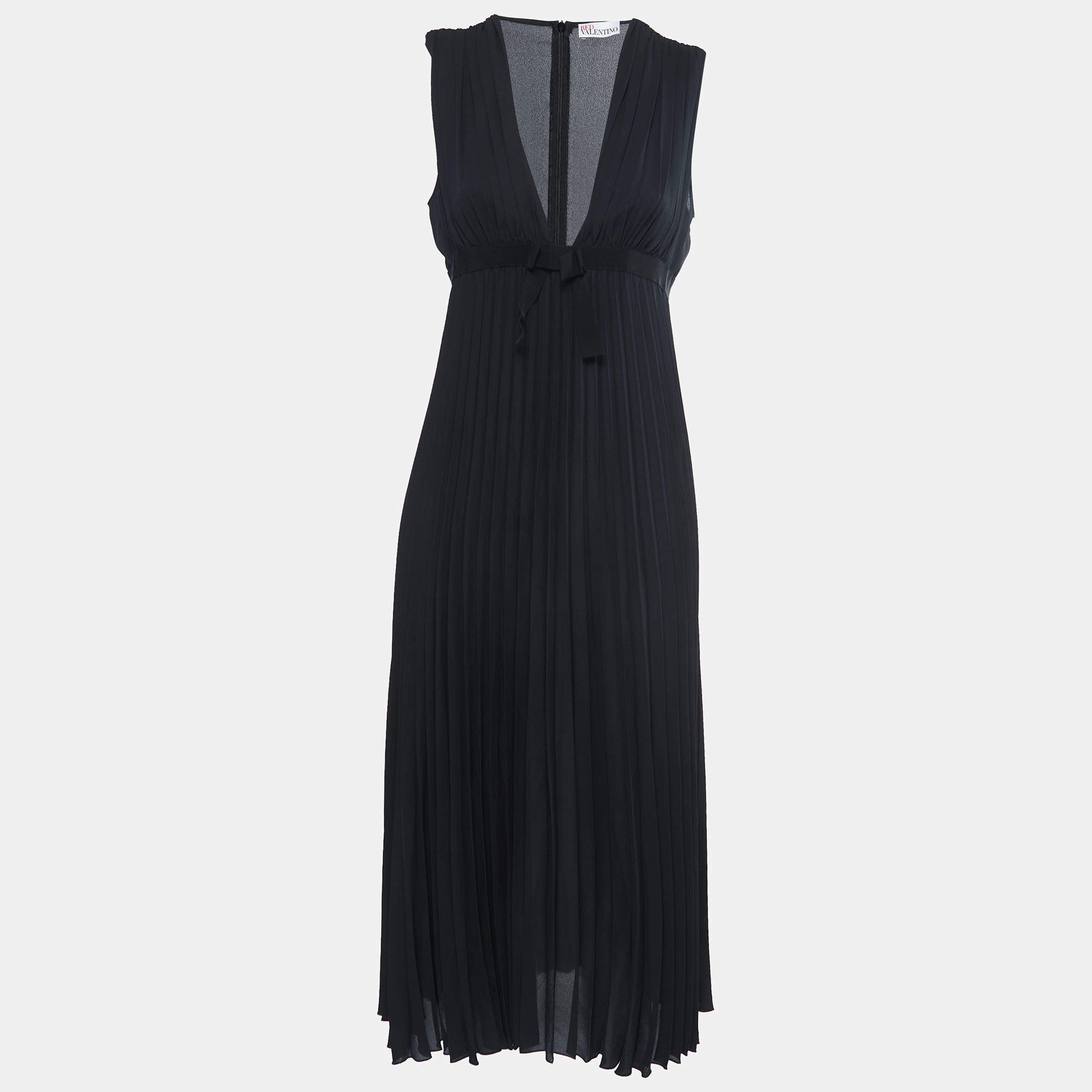 Pre Owned RED Valentino Black Pleated Crepe Bow-Detail Maxi Dress M
