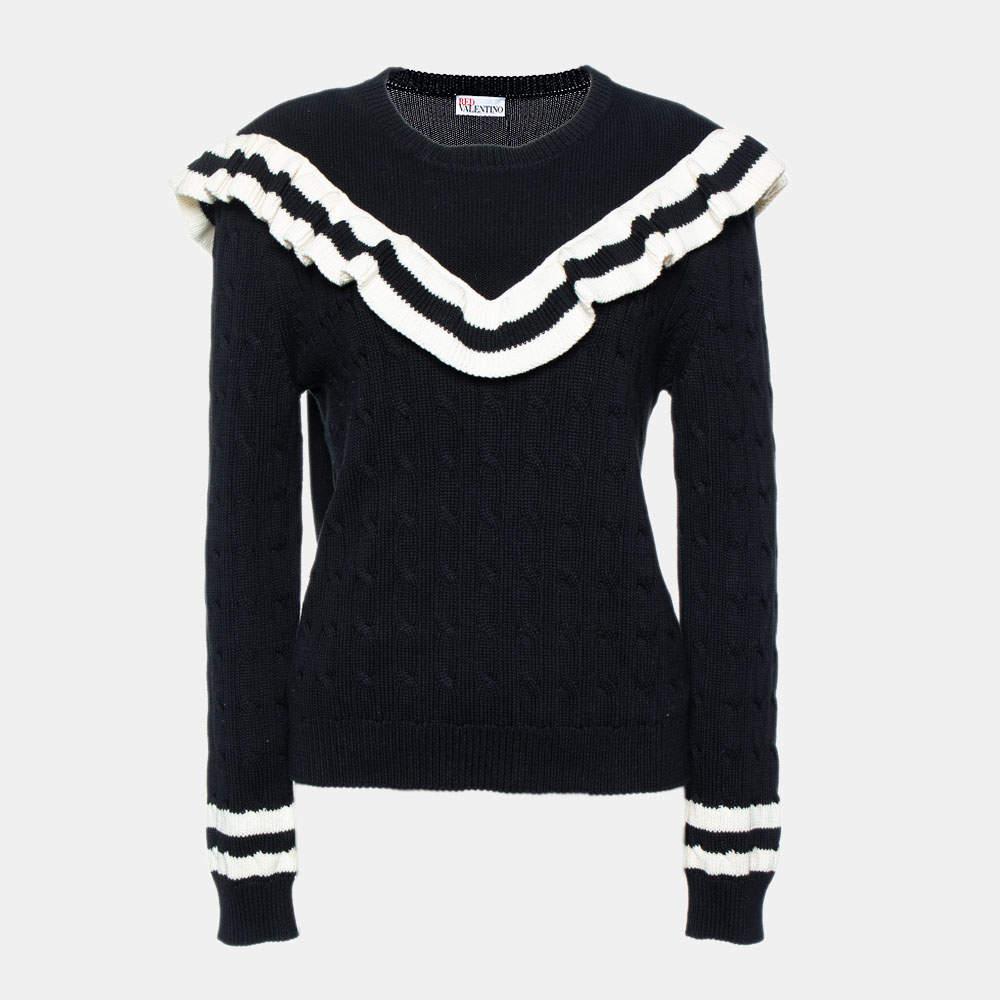 Red Valentino Black Cable Knit Optical Ruffle Jumper L