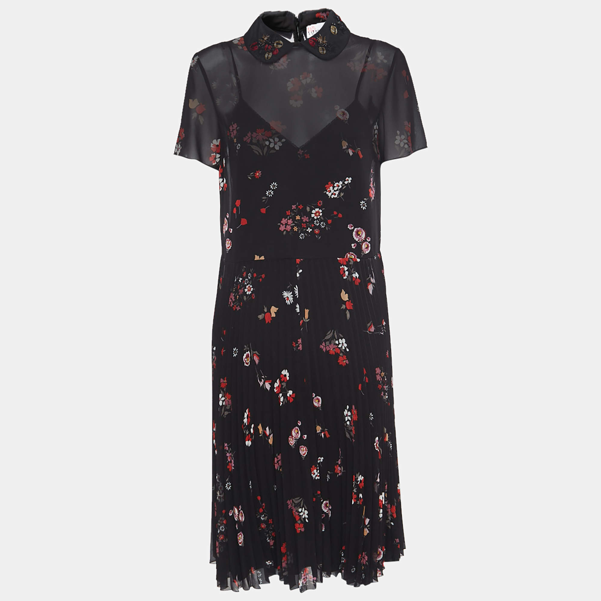 Pre Owned RED Valentino Black Floral Printed Chiffon Dress M