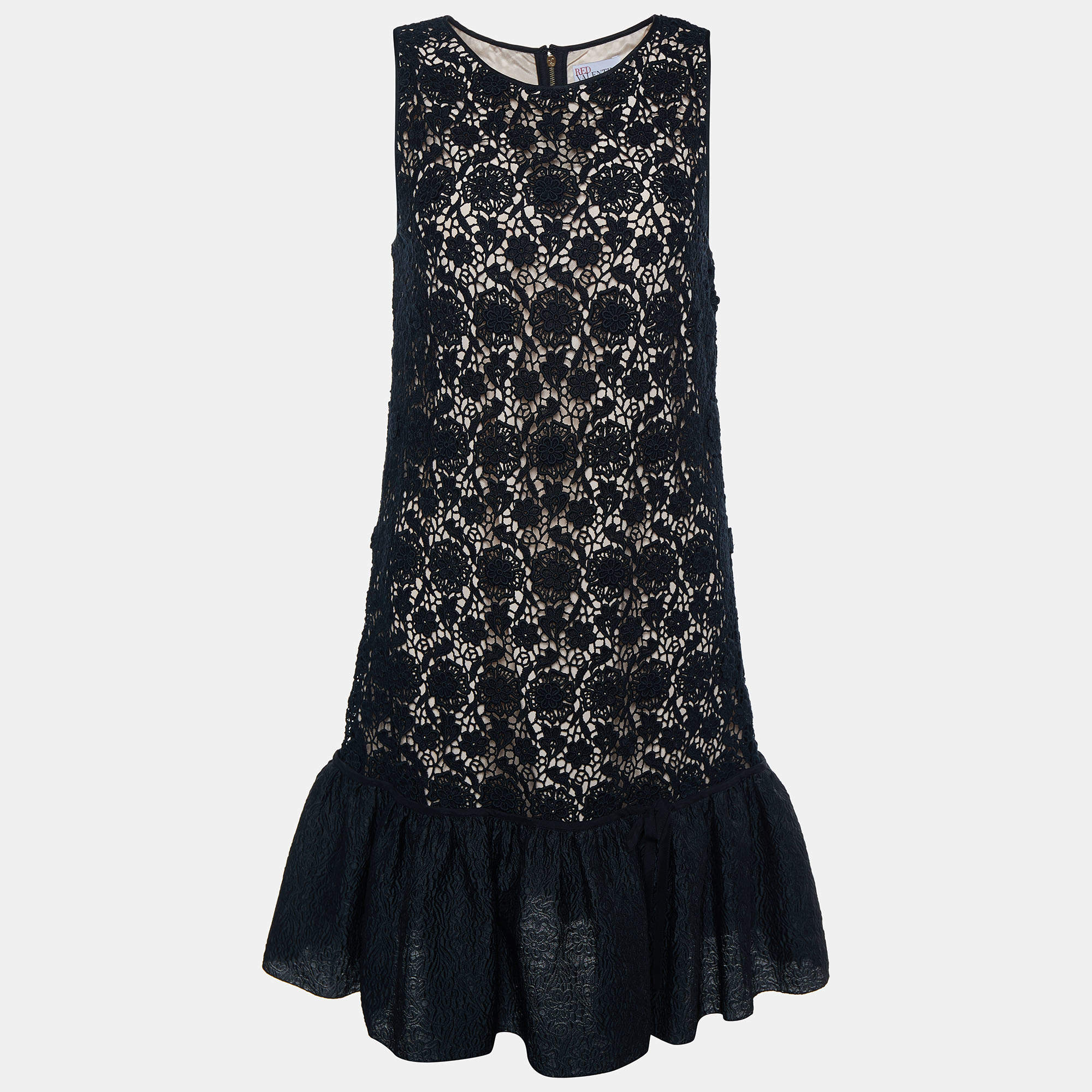 Pre Owned RED Valentino Black Floral Lace Ruffle Hem Sleeveless Shift Dress M