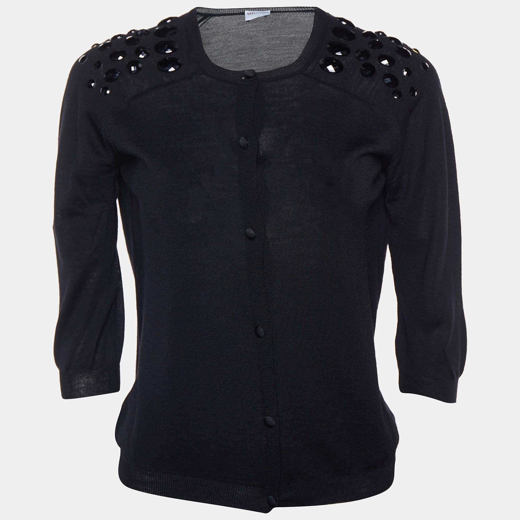 RED Valentino Black Virgin Wool Embellished Shoulder Detail Cardigan M