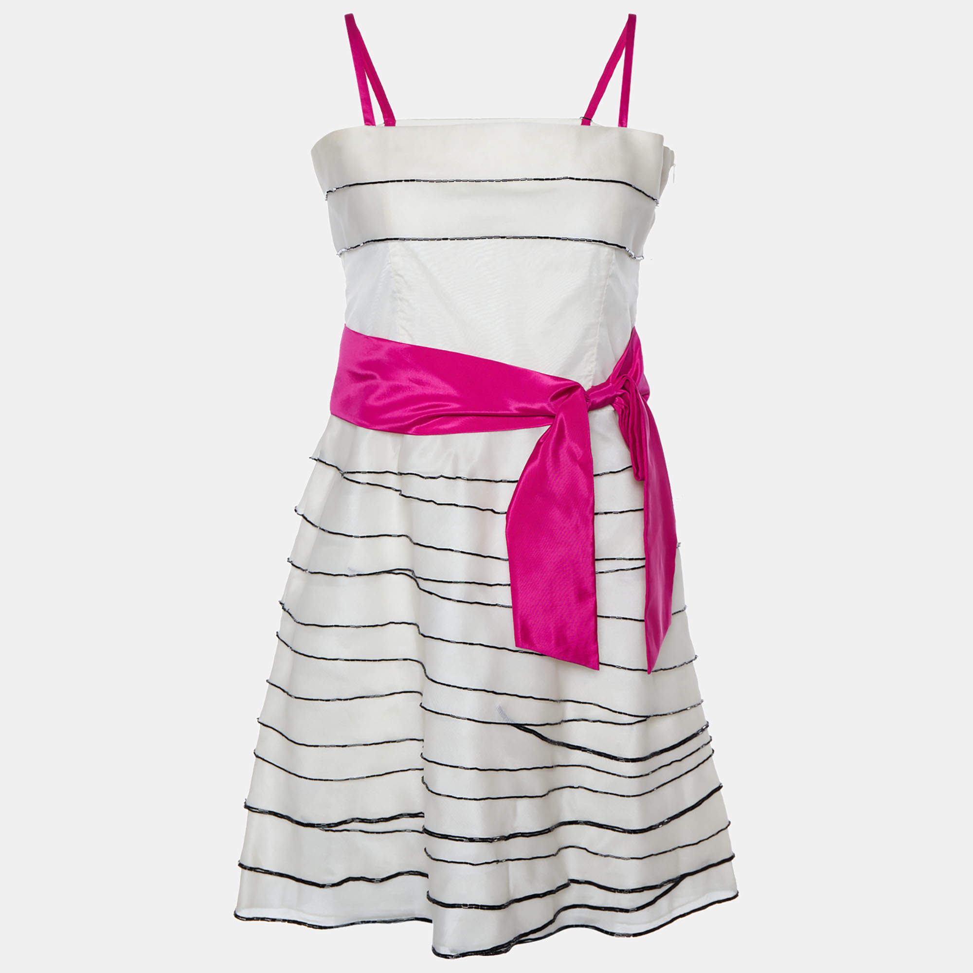 Pre Owned RED Valentino Cream Silk Bead Embellished Tiered Mini Dress M