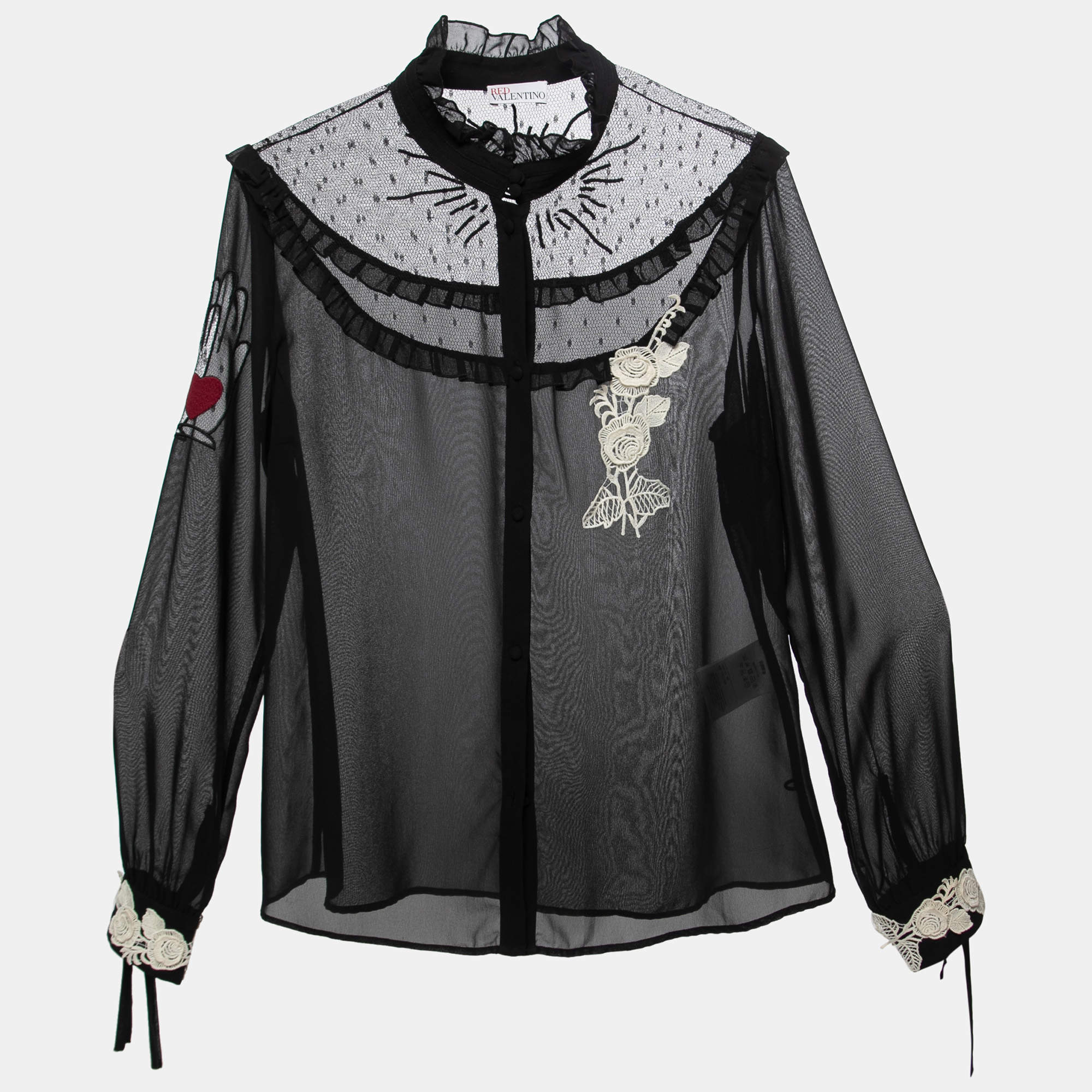 Pre Owned RED Valentino Black Crepe and Net Mock Neck Long Sleeve Blouse L