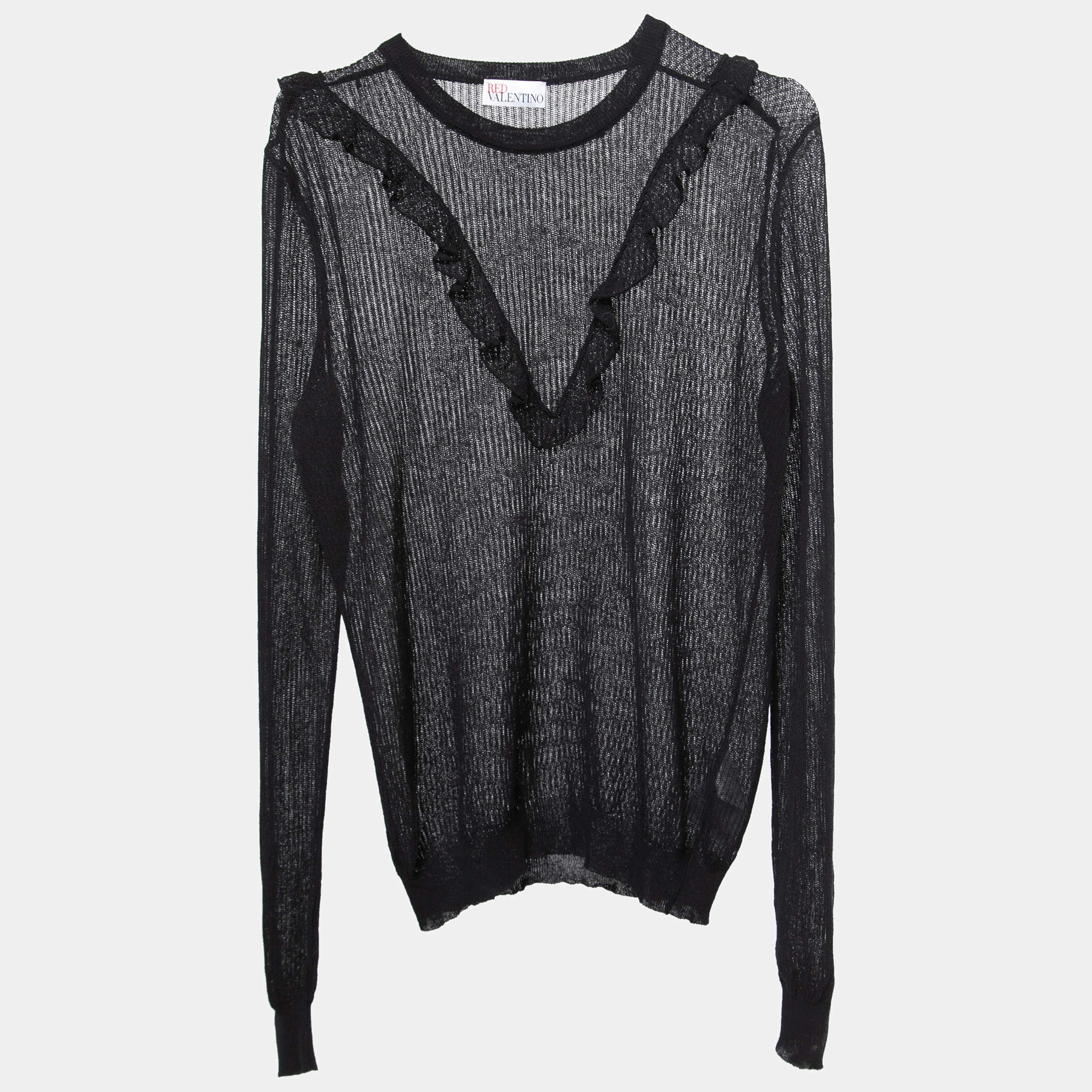 RED Valentino Black Open Knit Ruffled Pullover XL
