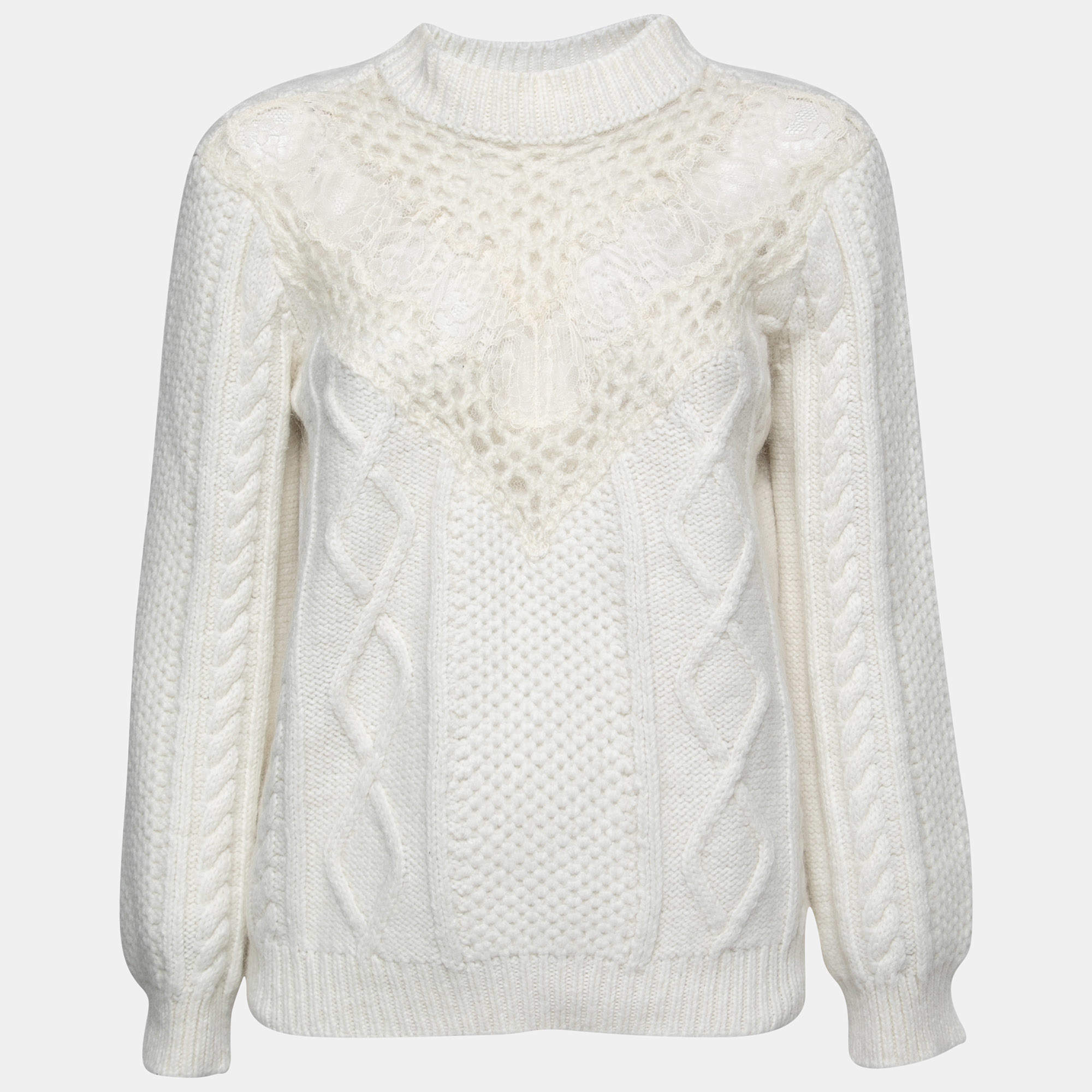 RED Valentino White Cable Knit Lace Detail Sweater M