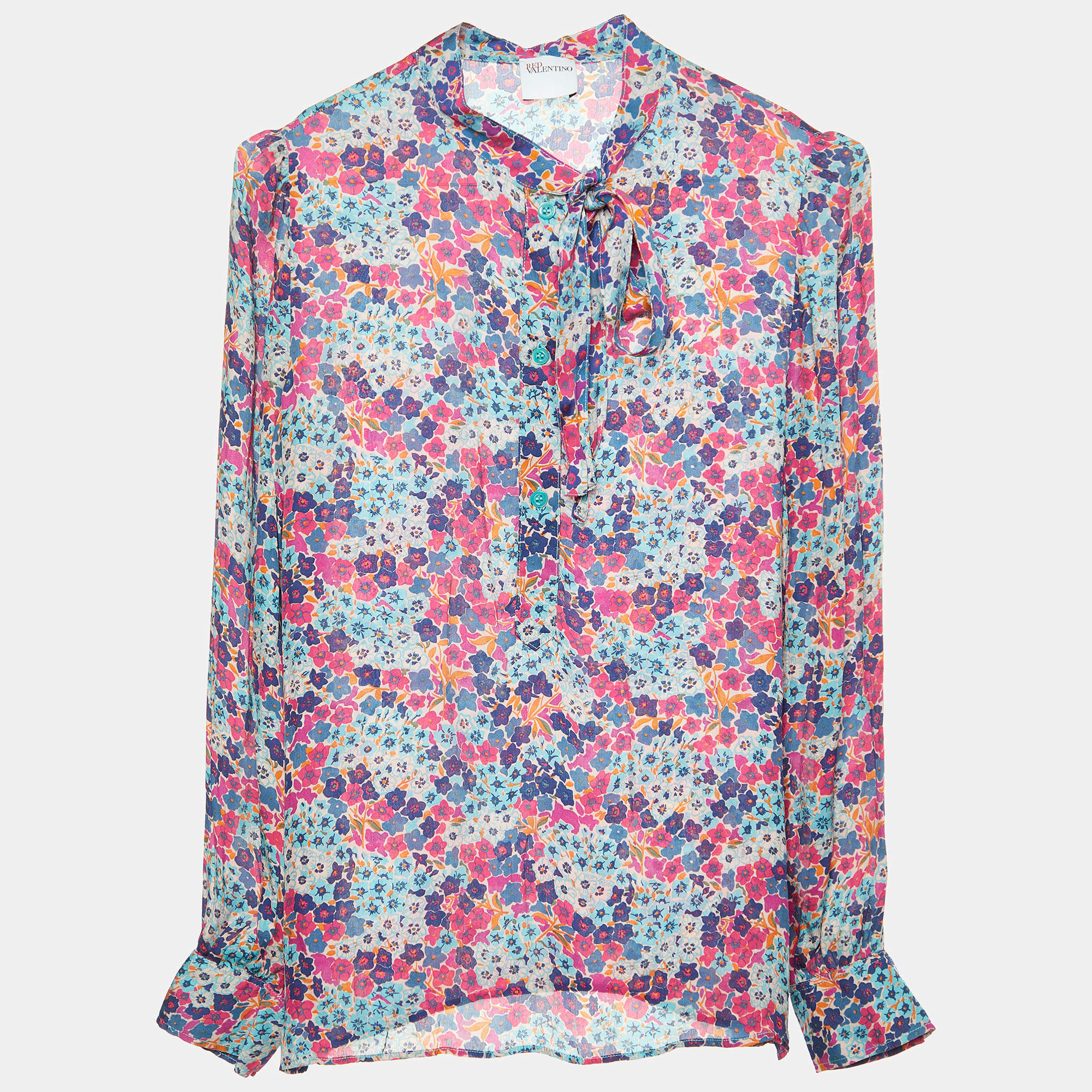 Pre Owned RED Valentino Multicolor Floral Print Silk Tie Neck Blouse M