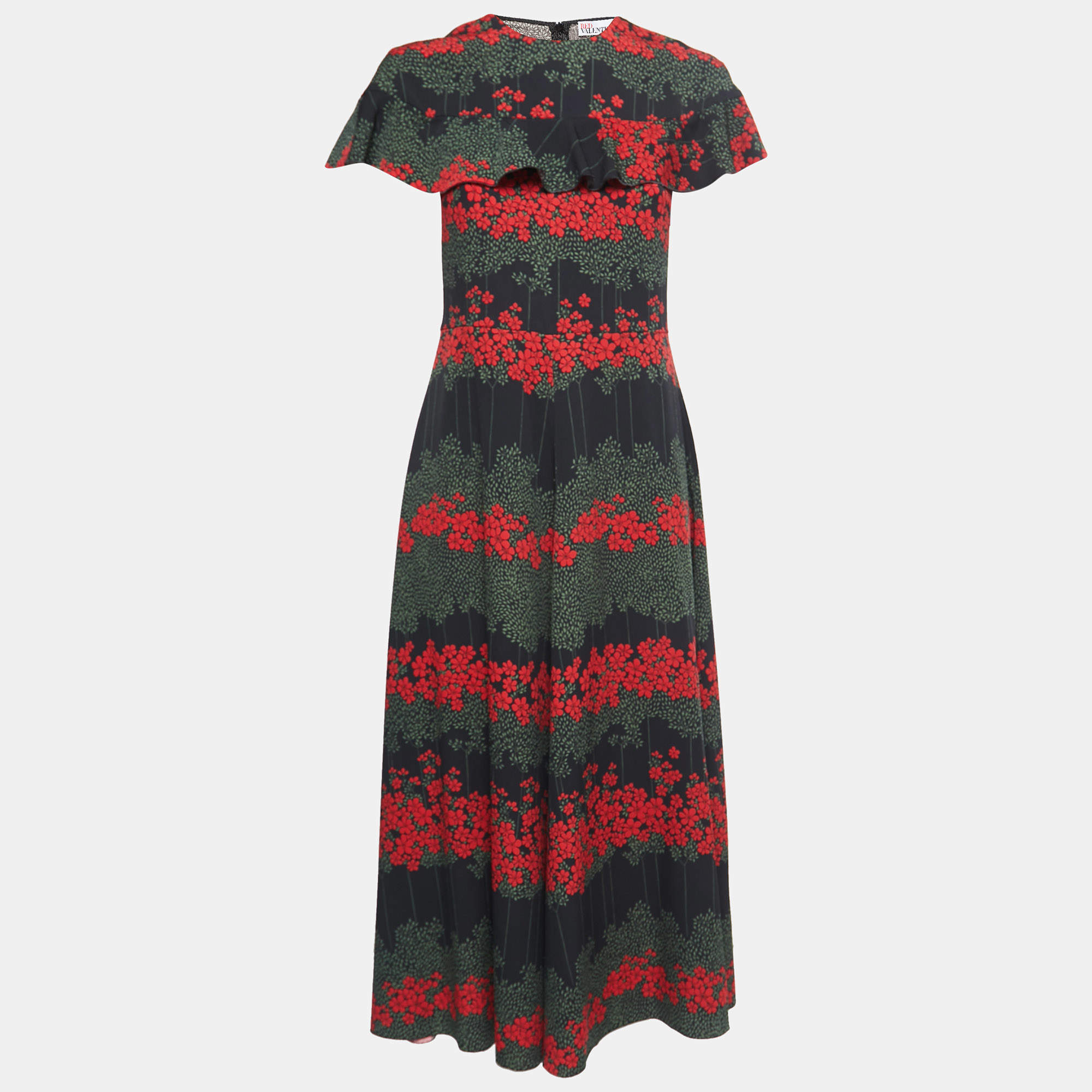 Pre Owned RED Valentino Black Floral Printed Crepe Ruffled Sleeve Maxi Dress M