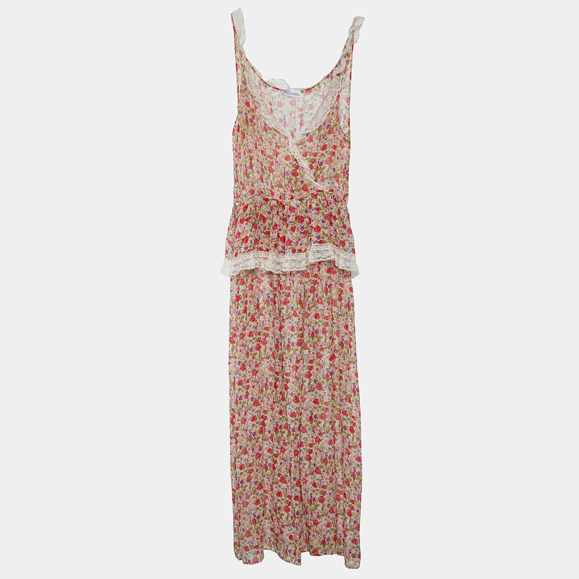 RED Valentino Beige Floral Printed Silk Lace Trim Detail Maxi Dress M