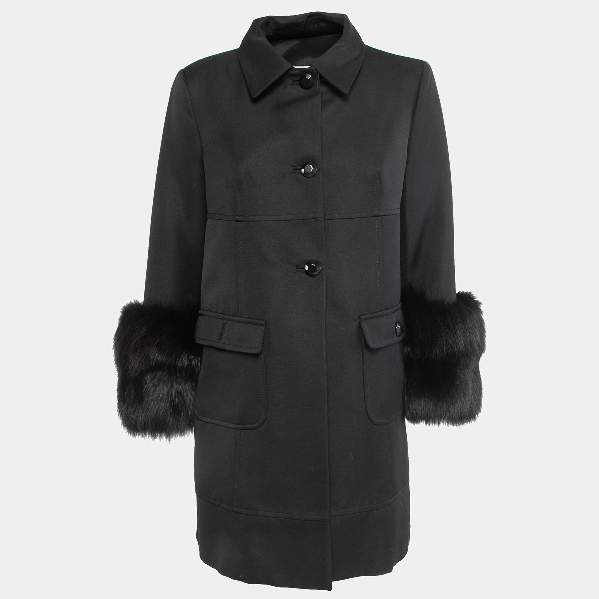 RED Valentino Vintage Black Wool Fox Fur Trimmed Coat L