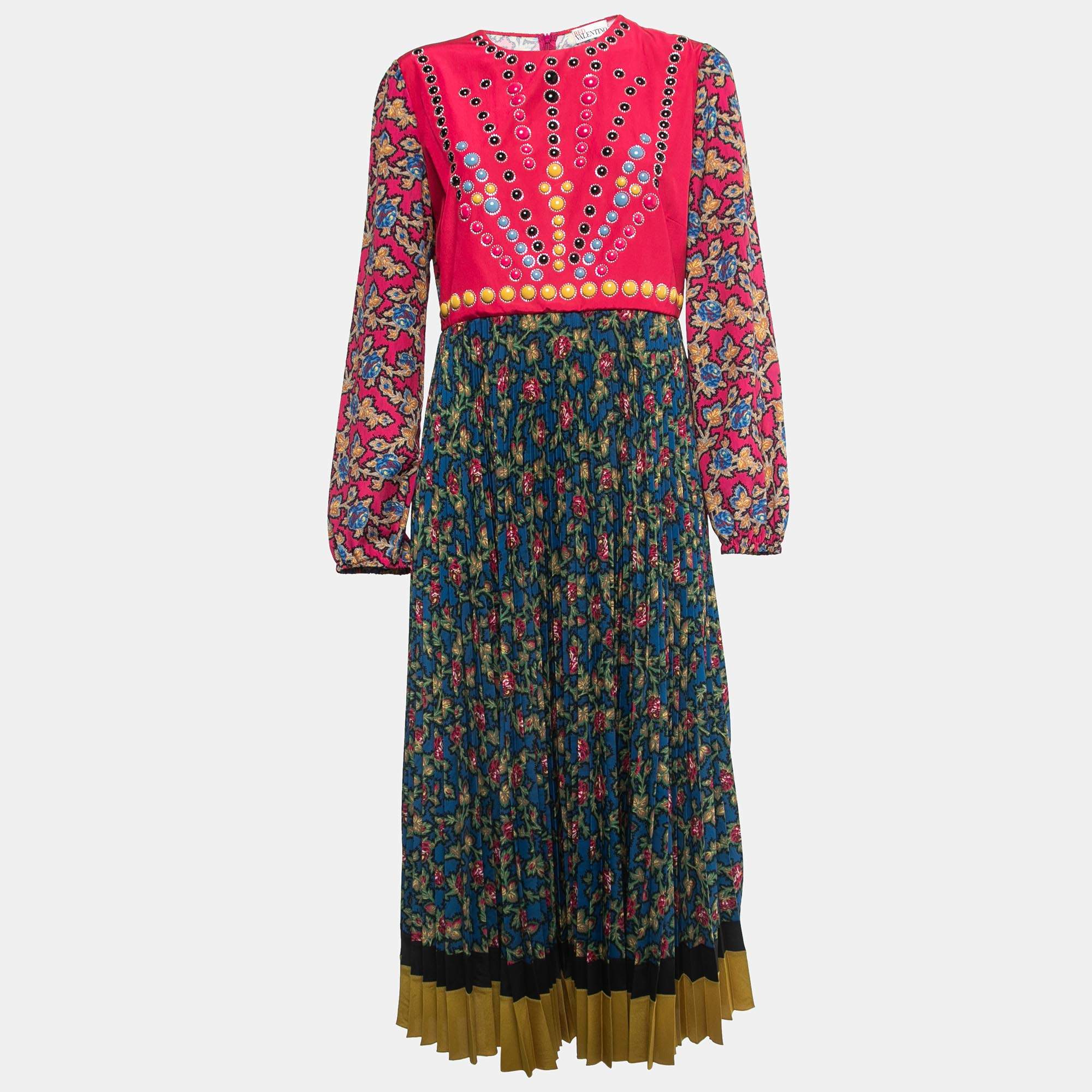 Pre Owned RED Valentino Multicolor Embellished Floral Print Crepe Long Sleeve Midi Dress M