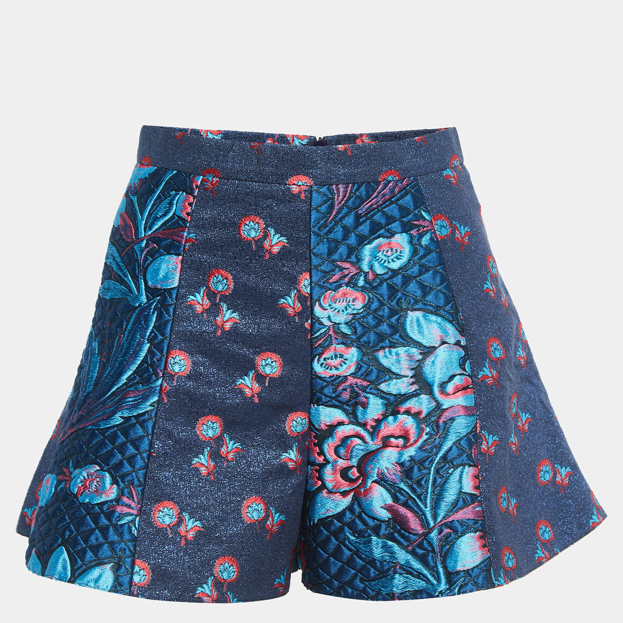 Pre Owned RED Valentino Blue Floral Patterned Metallic Jacquard High Waist Shorts S