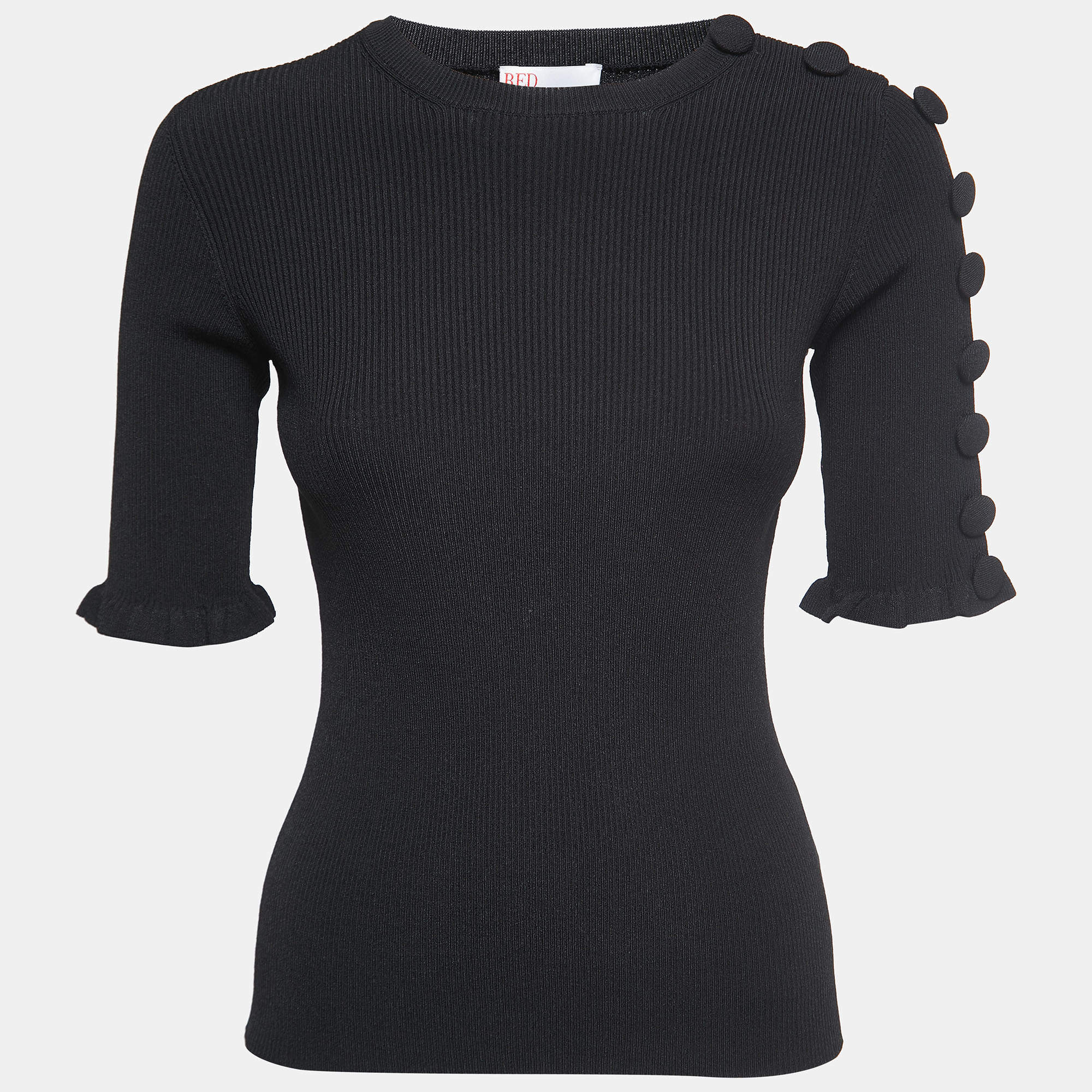 Pre Owned RED Valentino Black Ribbed Knit Button Detail Top S