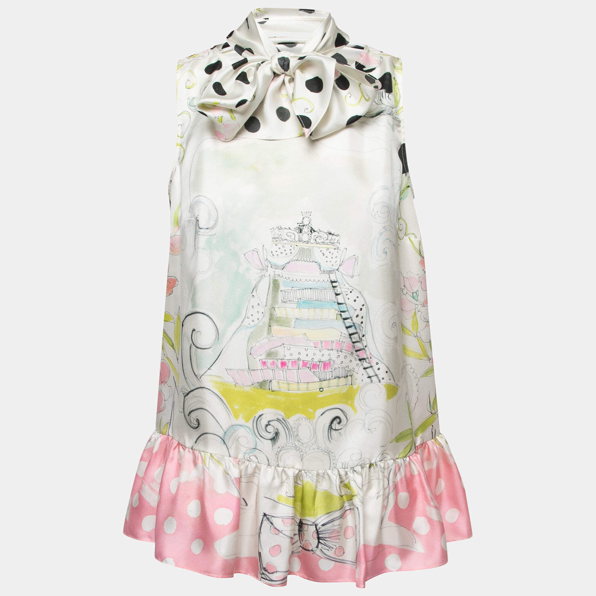 RED Valentino White Printed Silk Button Back Sleeveless Top M