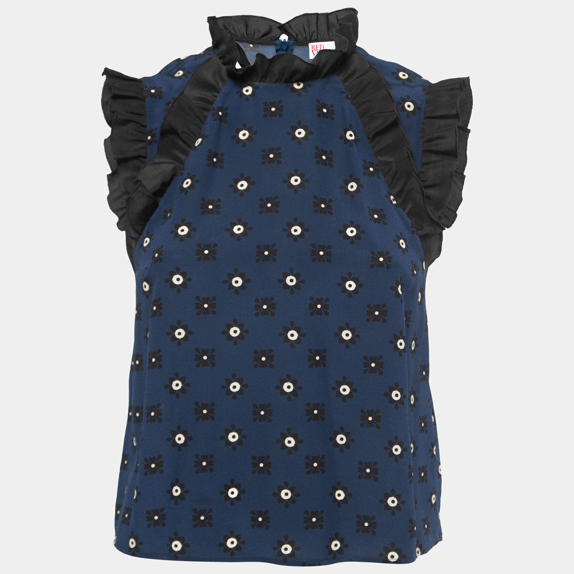 RED Valentino Navy Blue Floral Print Silk Ruffled Sleeveless Blouse S
