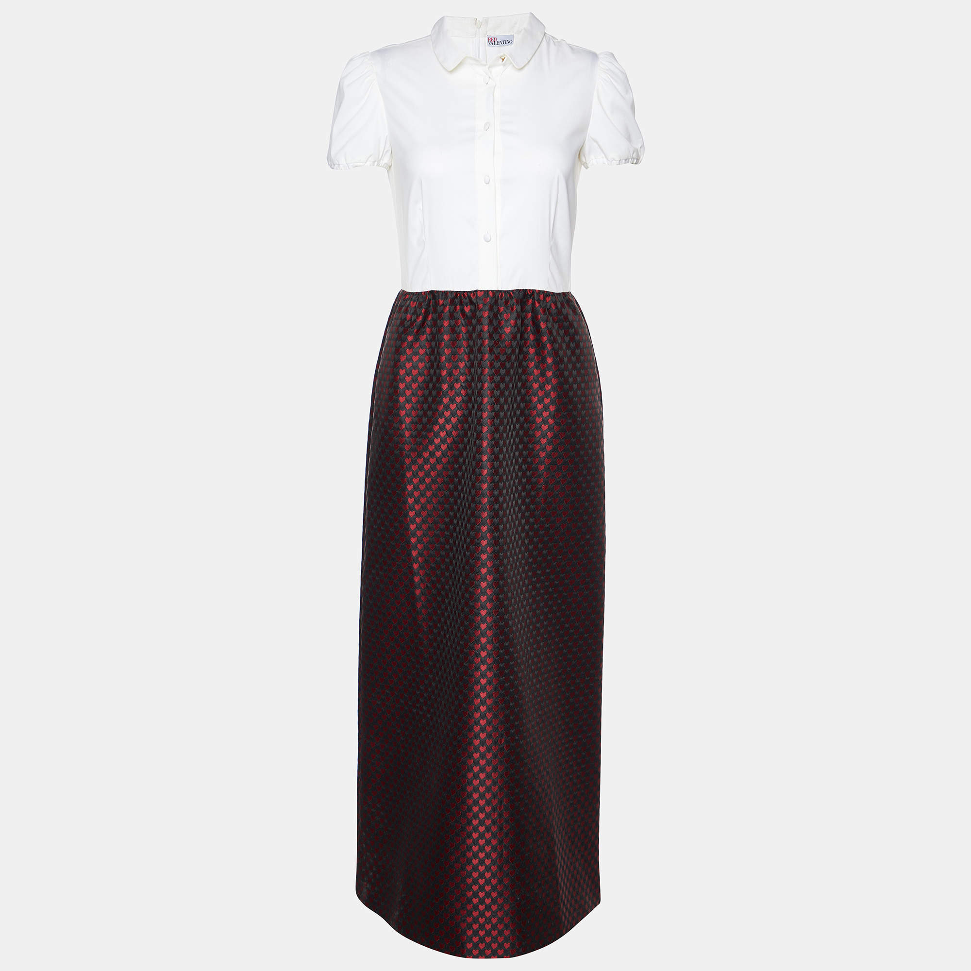 RED Valentino Off White Cotton Knit & Red Love Jacquard Maxi Dress S