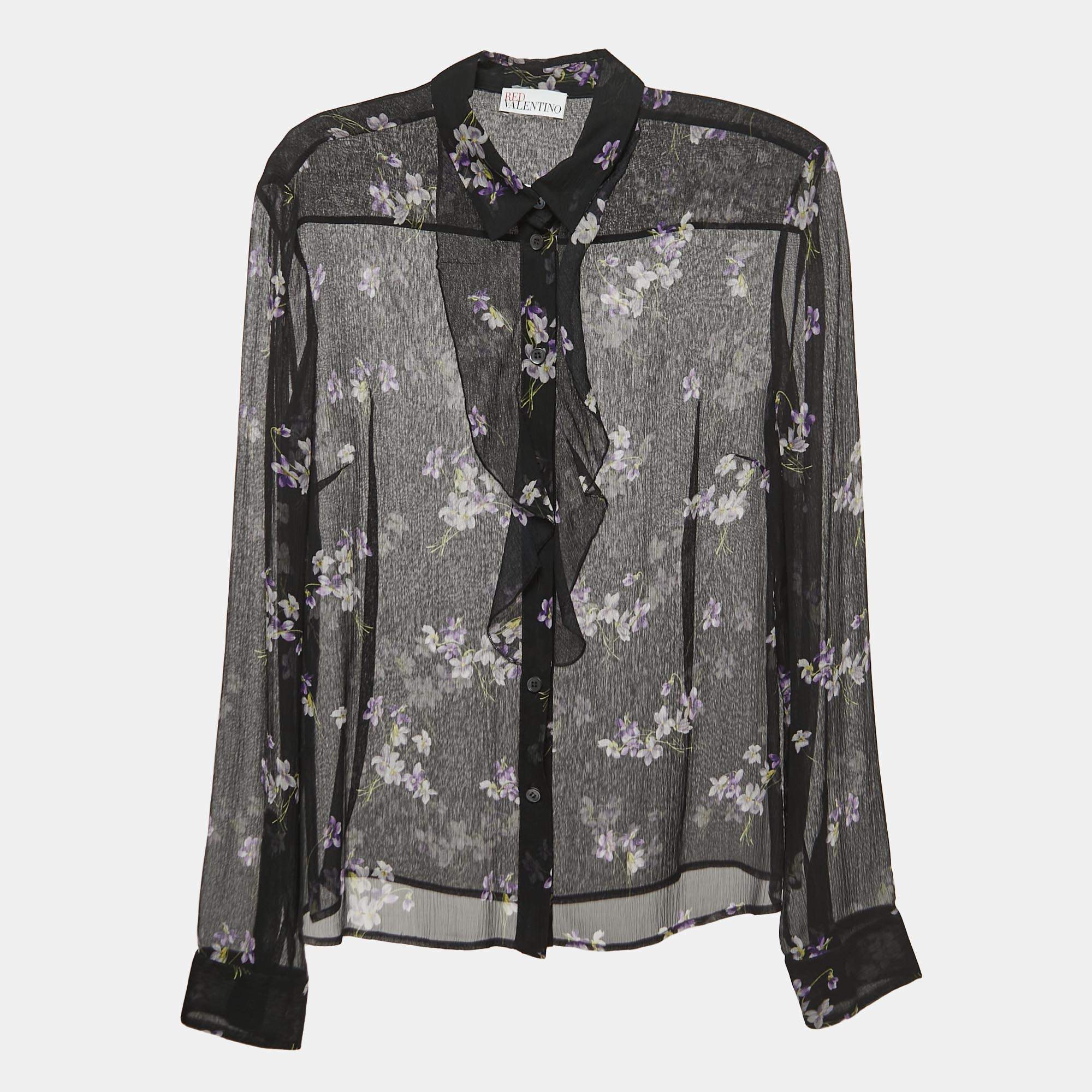 Pre Owned RED Valentino Black Floral Print Chiffon Neck Tie Detail Shirt Blouse S