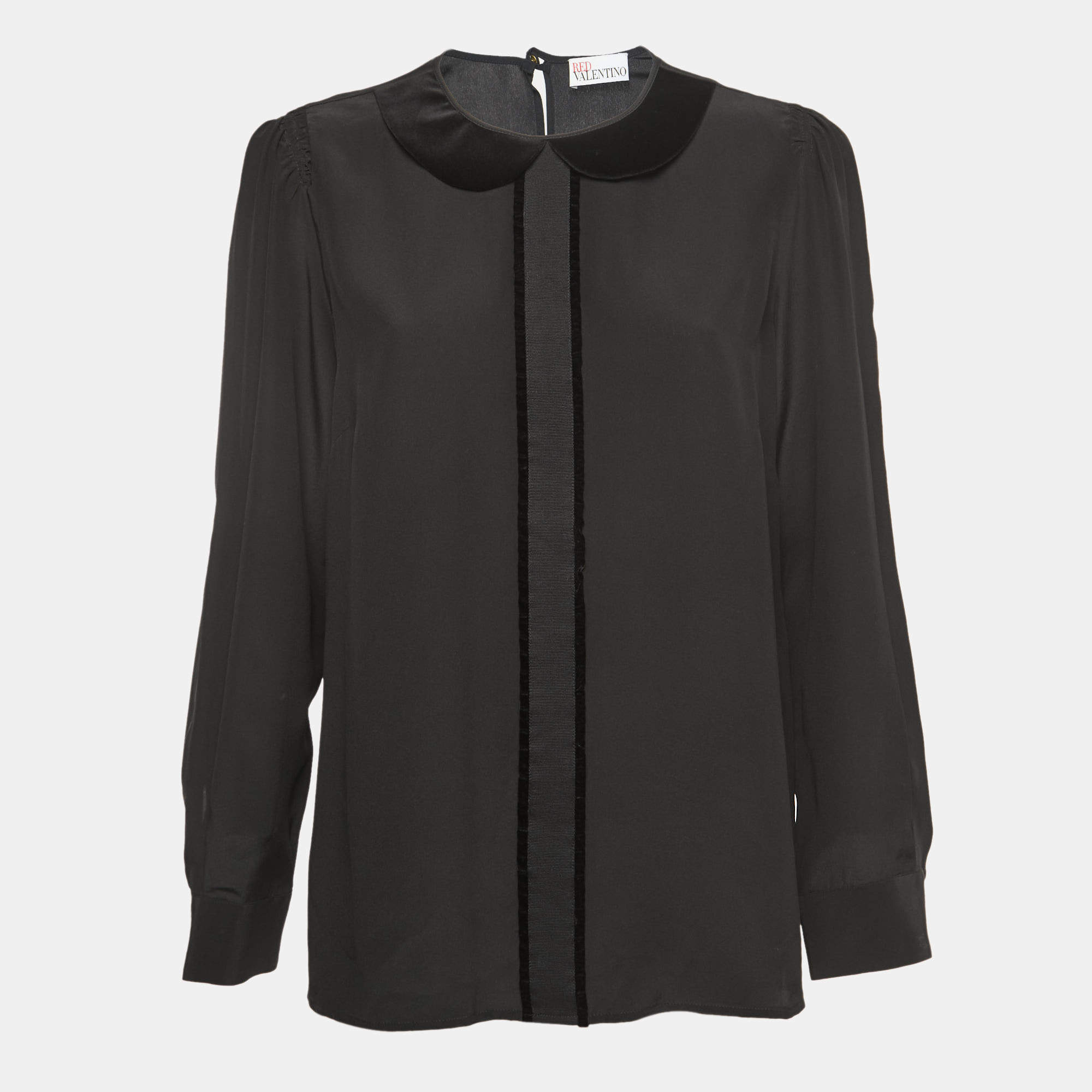 Pre Owned RED Valentino Black Crepe Velvet Trimmed Collared Top XL