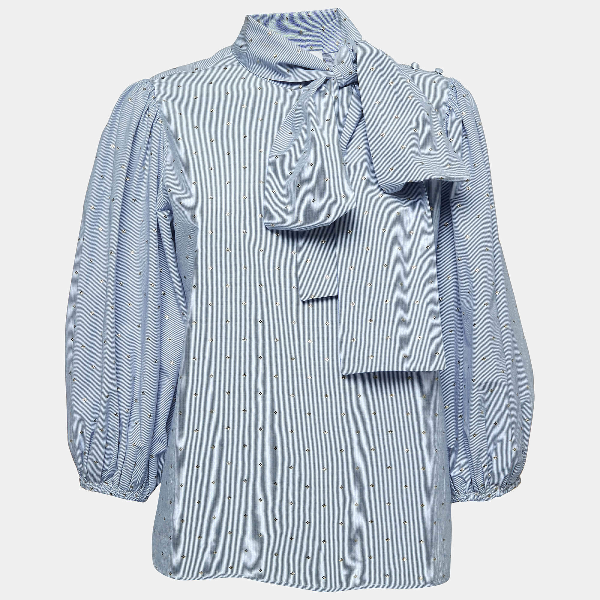 Pre Owned RED Valentino Blue Microstriped Flower Patterned Poplin Top M