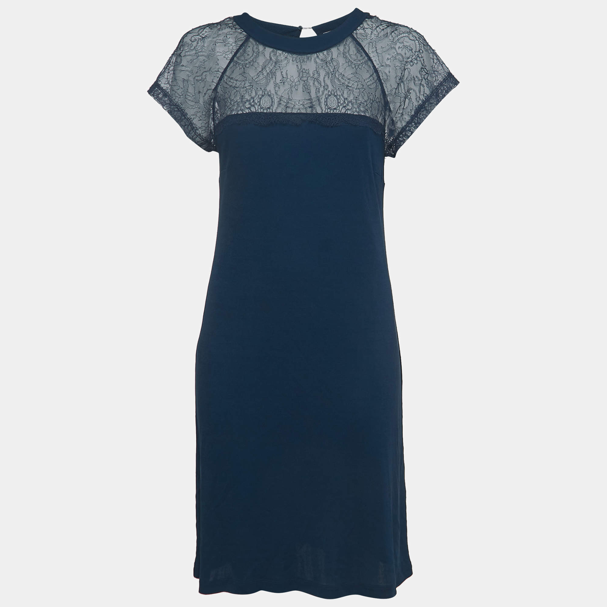 Pre Owned RED Valentino Dark Blue Jersey Lace Trimmed Short Dress L