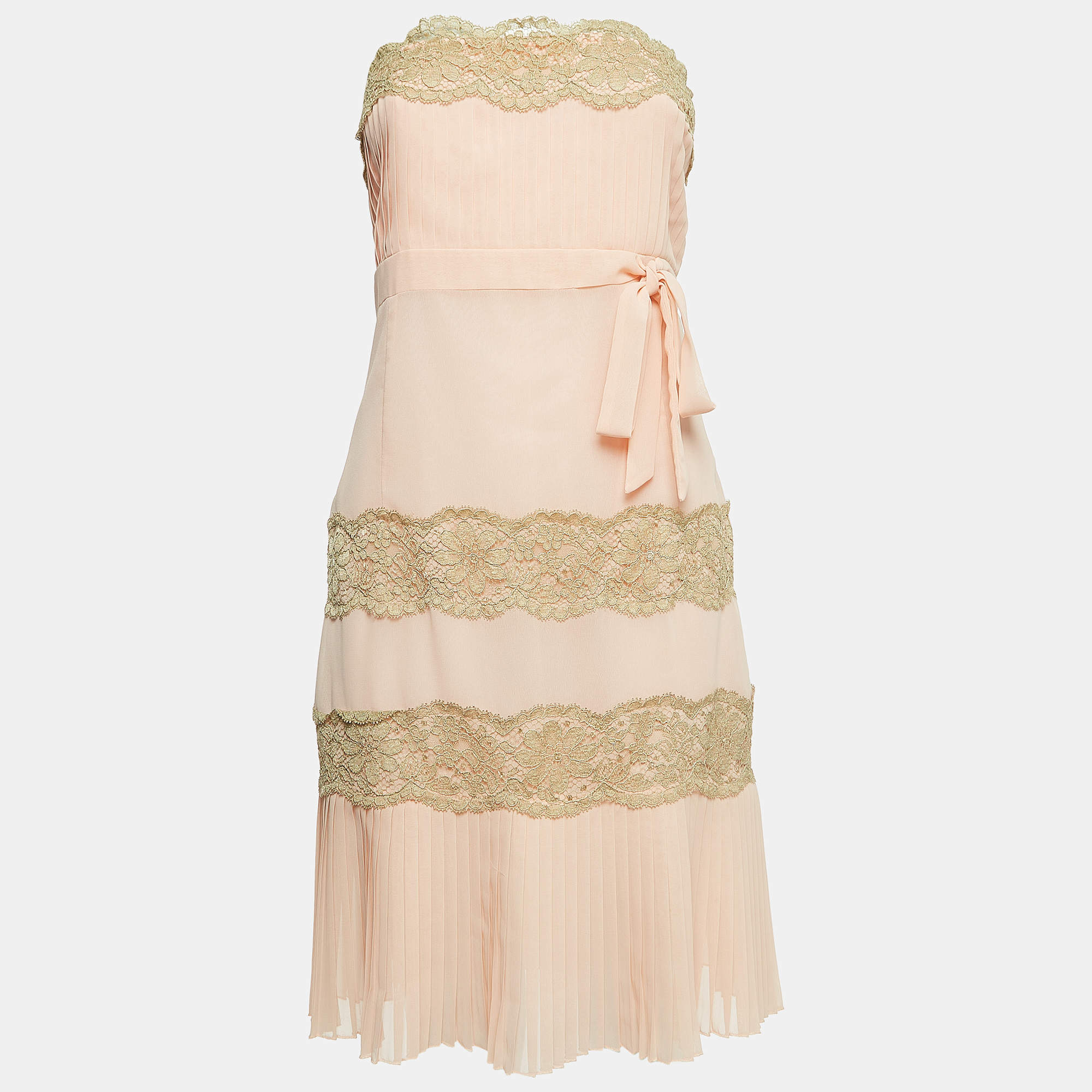 RED Valentino Vintage Pink Crepe Lace Trimmed Strapless Mini Dress M