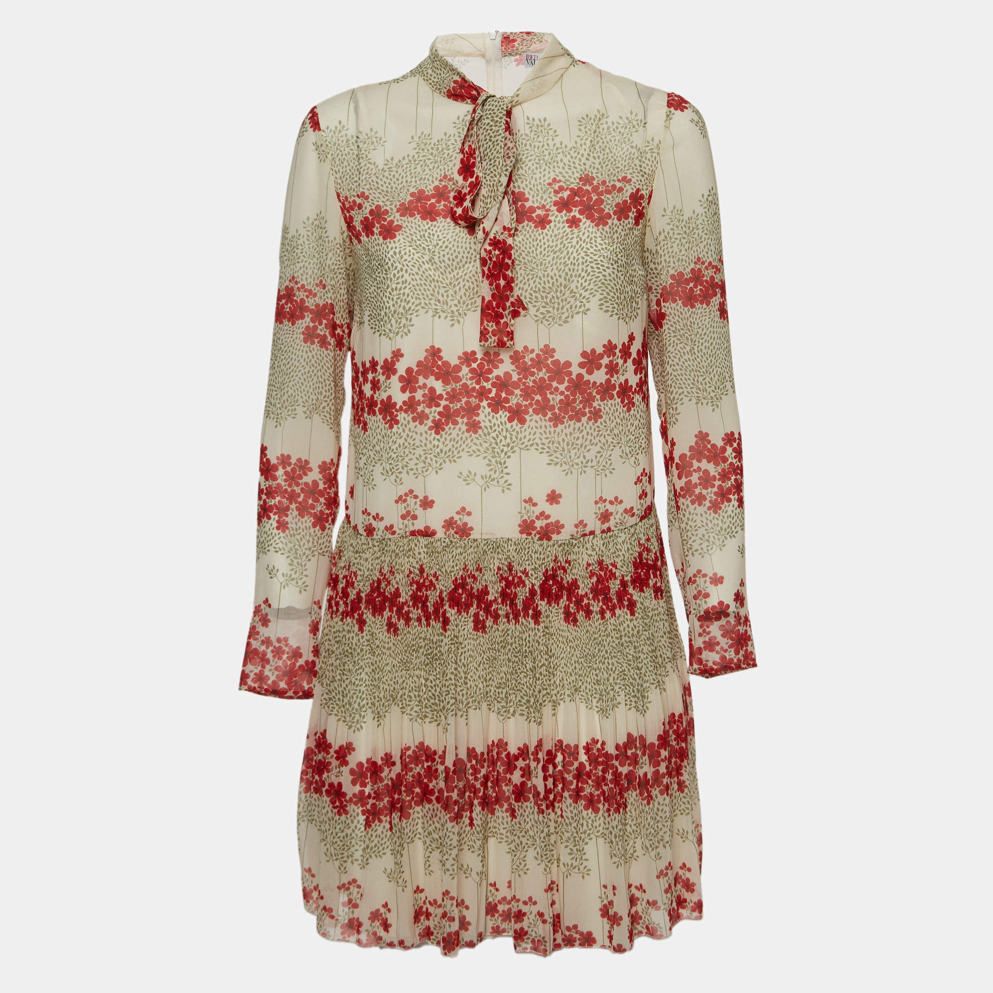 RED Valentino Beige Floral Printed Chiffon Tie Neck Mini Dress S