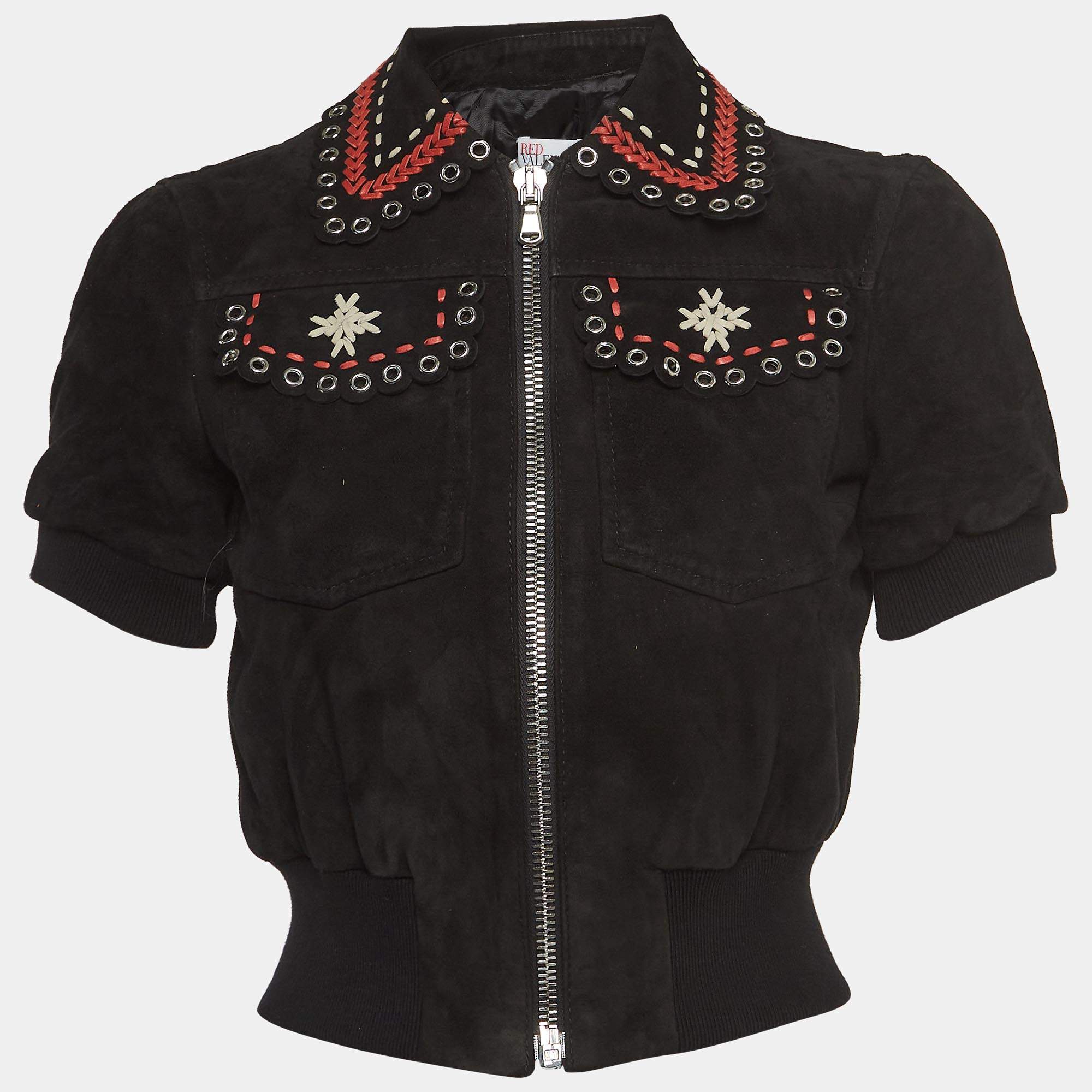 RED Valentino Black Suede Zip Front Crop Jacket S