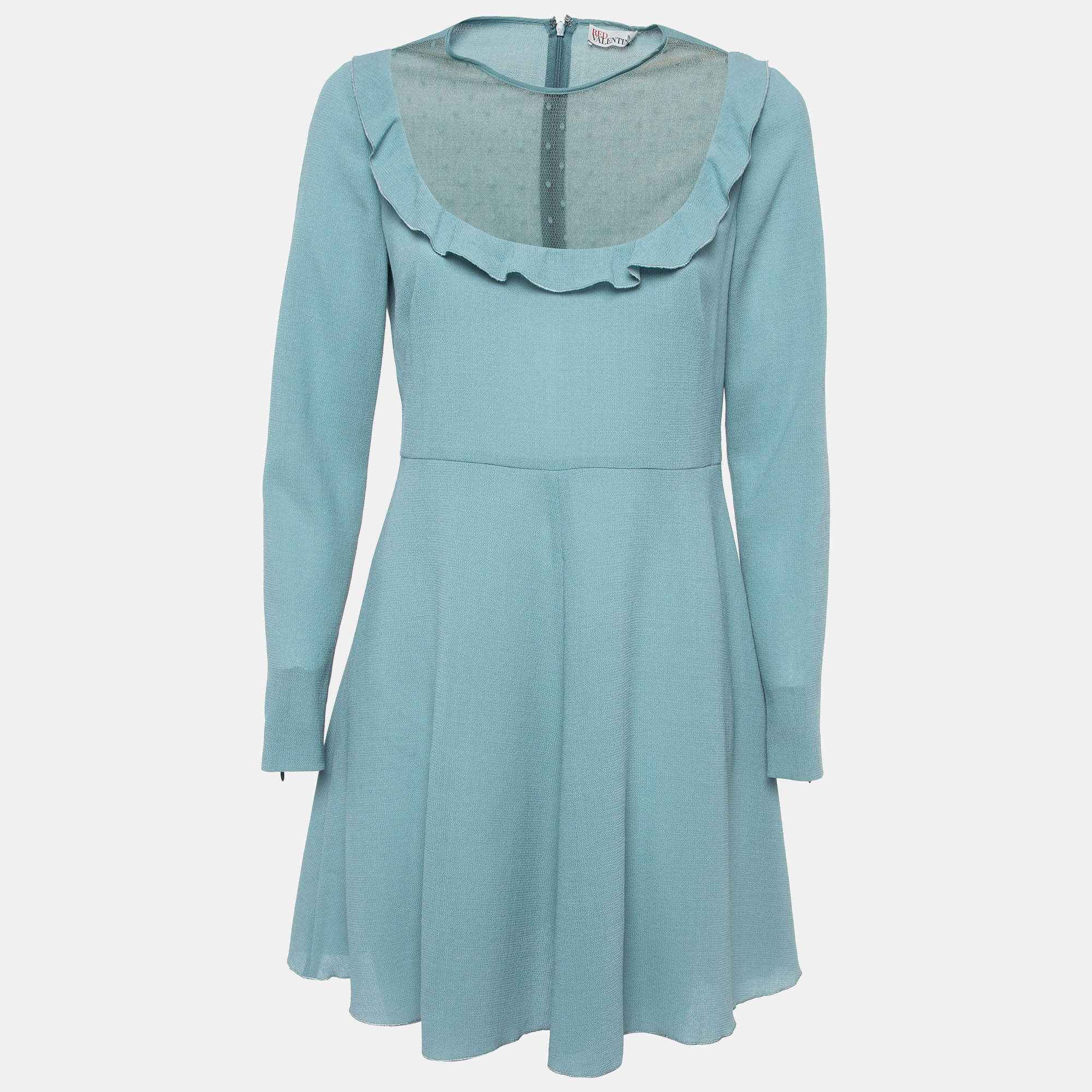RED Valentino Blue Mesh Trim Crepe Ruffle Detail Mini Dress M