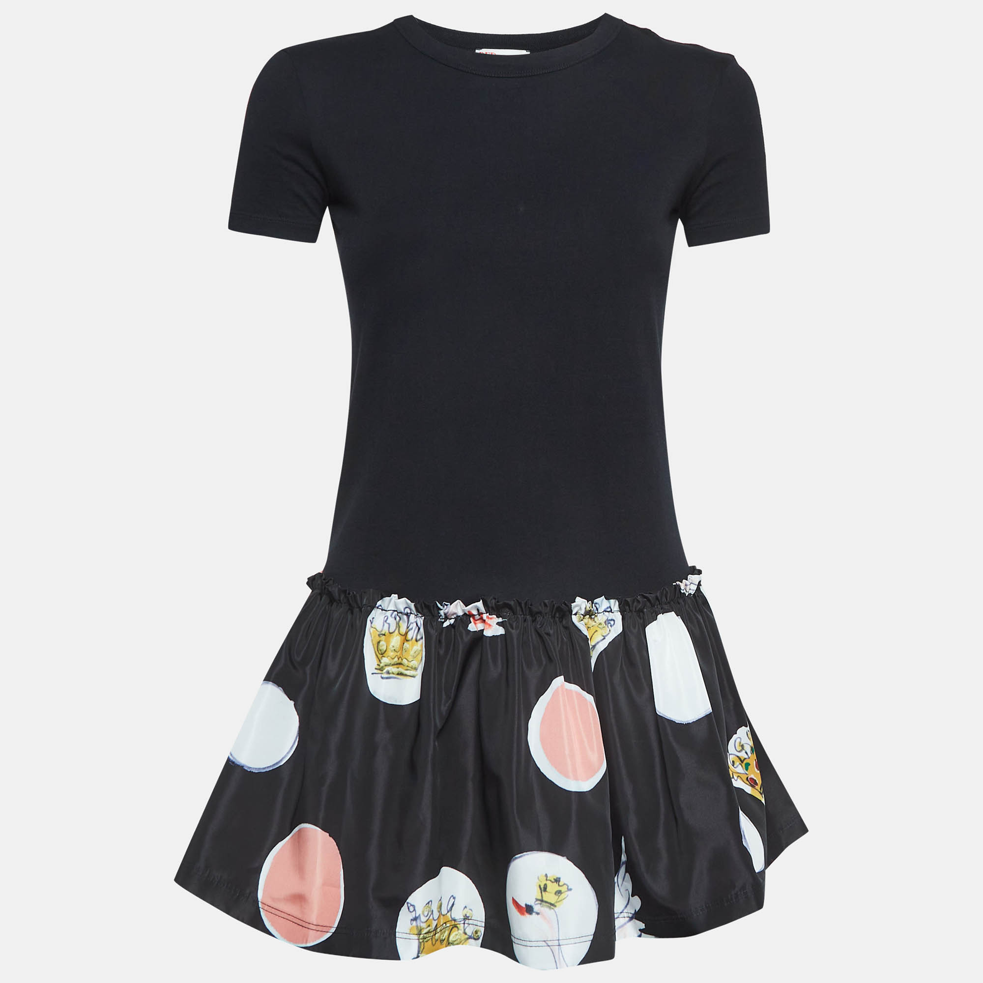 RED Valentino Black Printed Cotton and Synthetic Flounce T-Shirt XS
