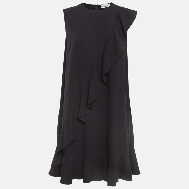Pre Owned RED Valentino Black Sateen Ruffled Sleeveless Mini Dress L