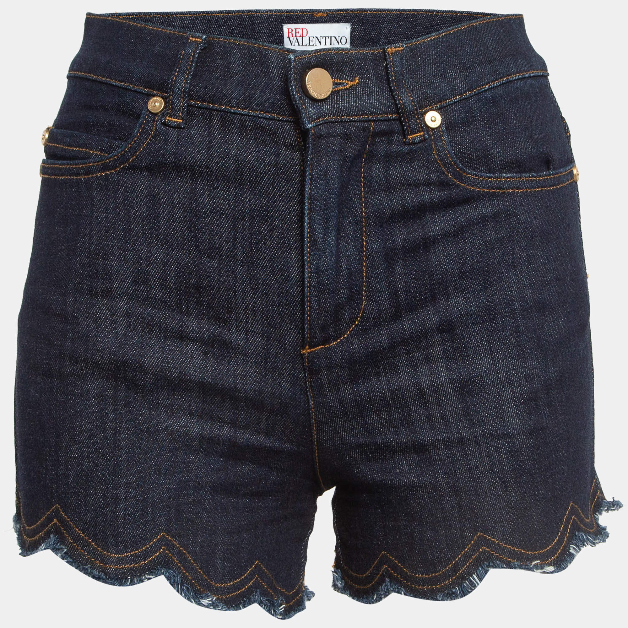 RED Valentino Dark Blue Denim Fringed Shorts S
