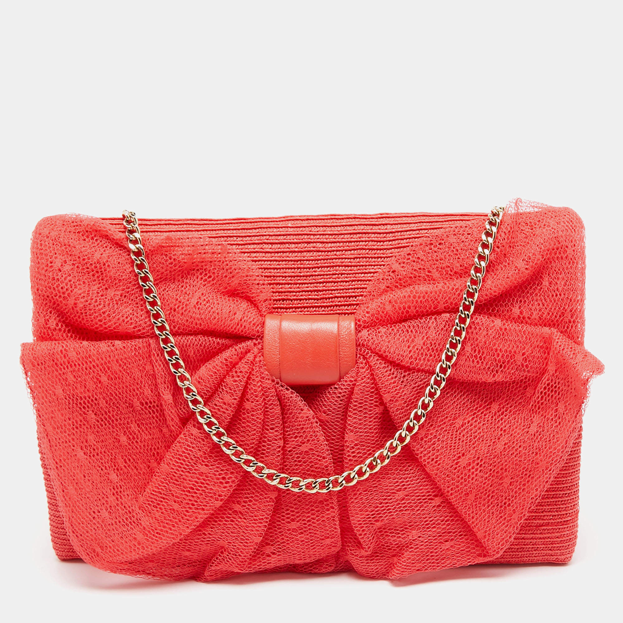 RED Valentino Coral Orange Raffia and Lace Bow Chain Bag