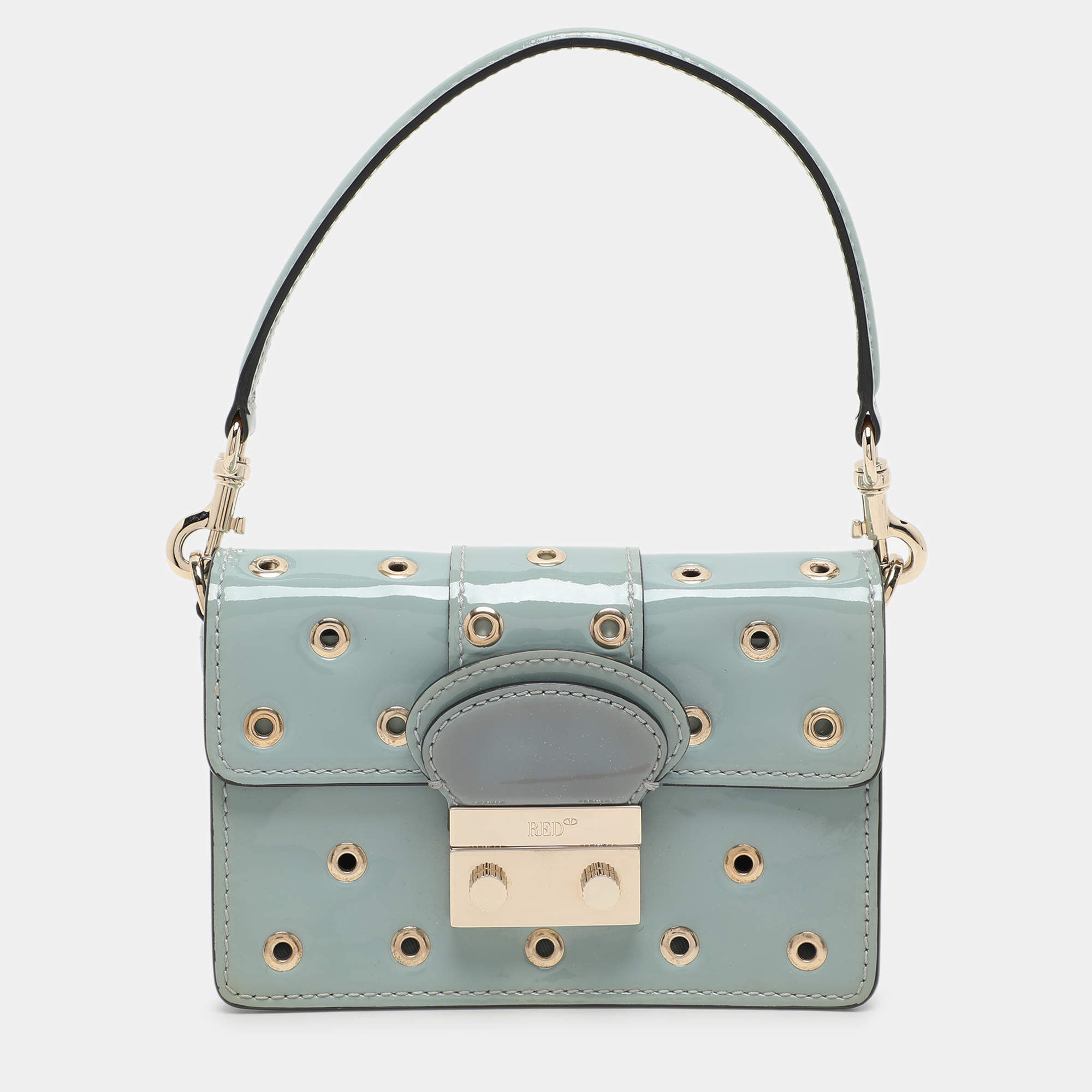 RED Valentino Dusky Blue Patent Leather Grommet Detailed Shoulder Bag