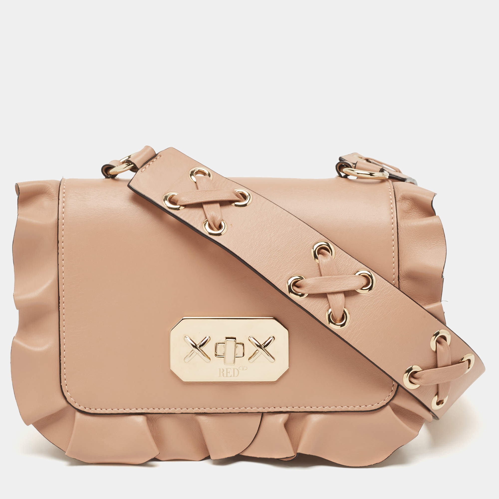 RED Valentino Beige Leather Rock Ruffles Crossbody Bag