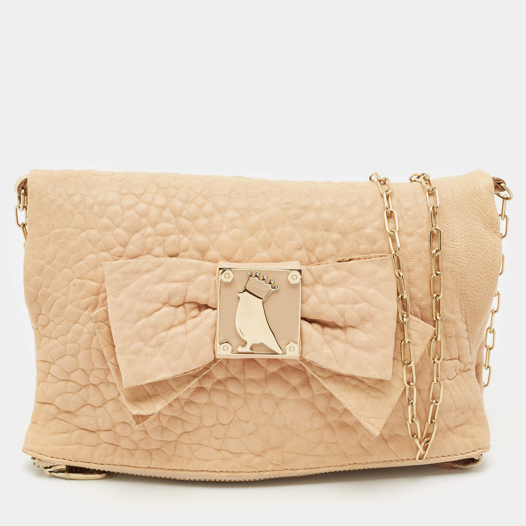 RED Valentino Beige Leather Bow Fold Over Chain Shoulder Bag