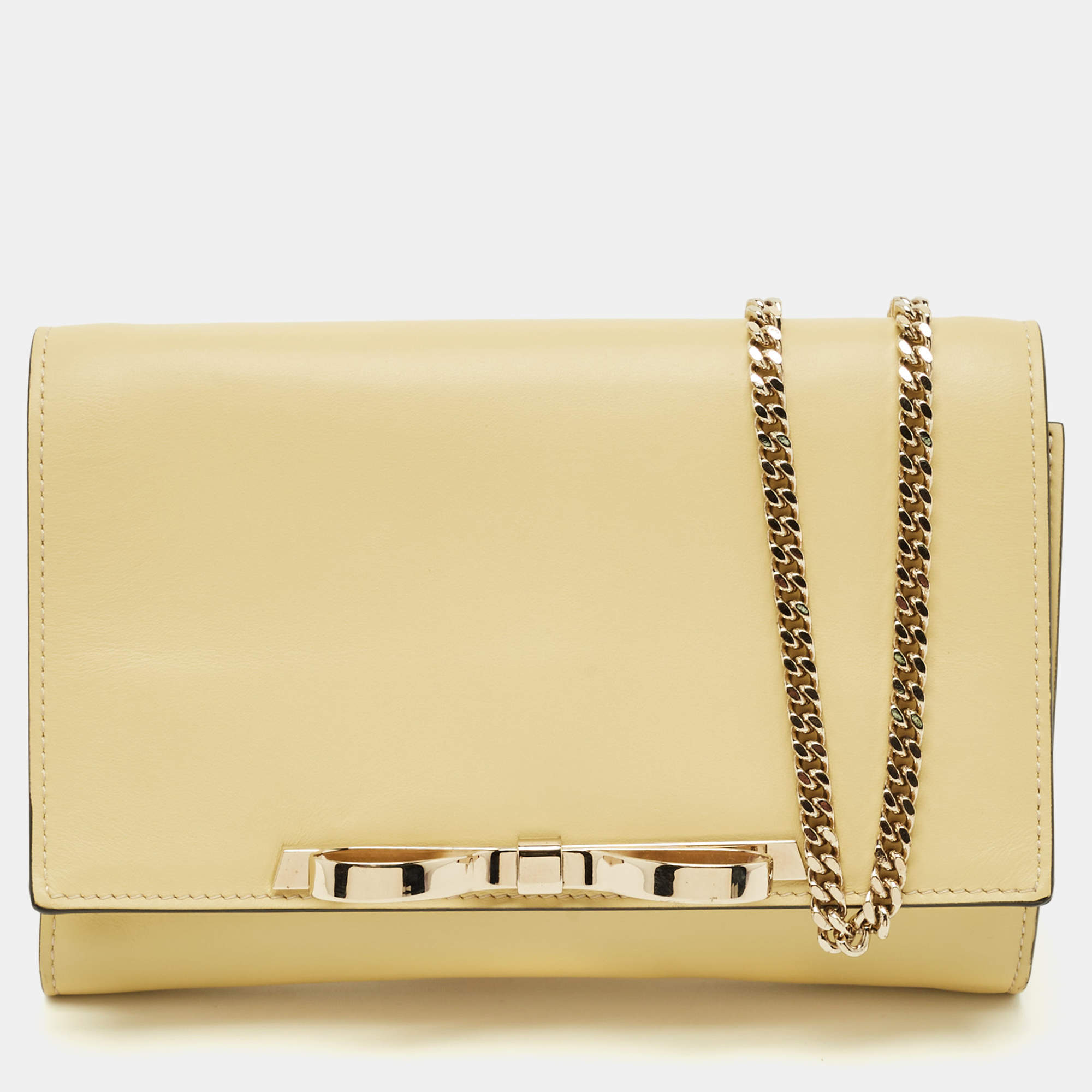 Pre Owned RED Valentino Light Yellow Leather Bow Chain Clutch