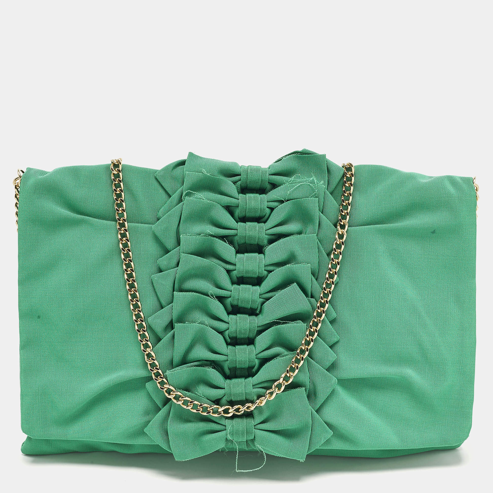 Pre Owned RED Valentino Bow Applique Green Nylon Chain Clutch