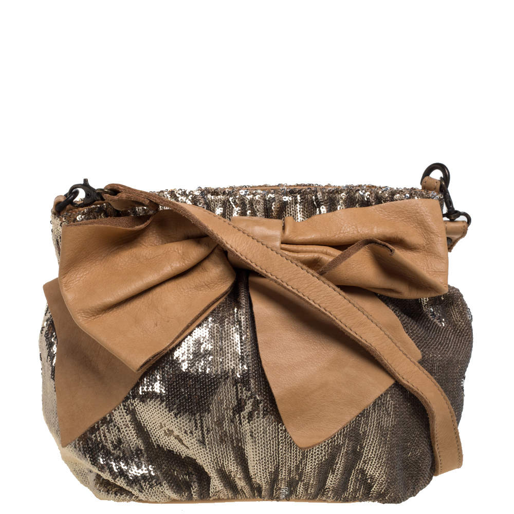 Red Valentino Light Brown/Metallic Gold Sequin and Leather Bow Crossbody Bag
